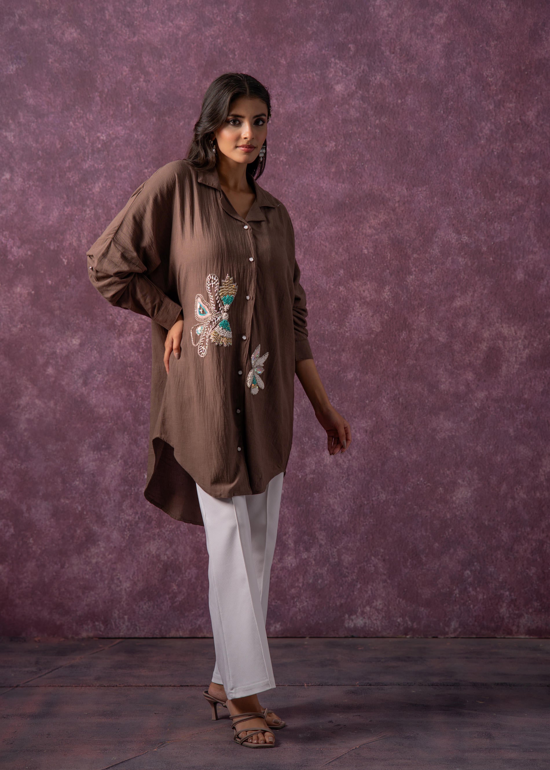 Brown Solid Viscose Shirt with Beads, Sequence, and Thread Work