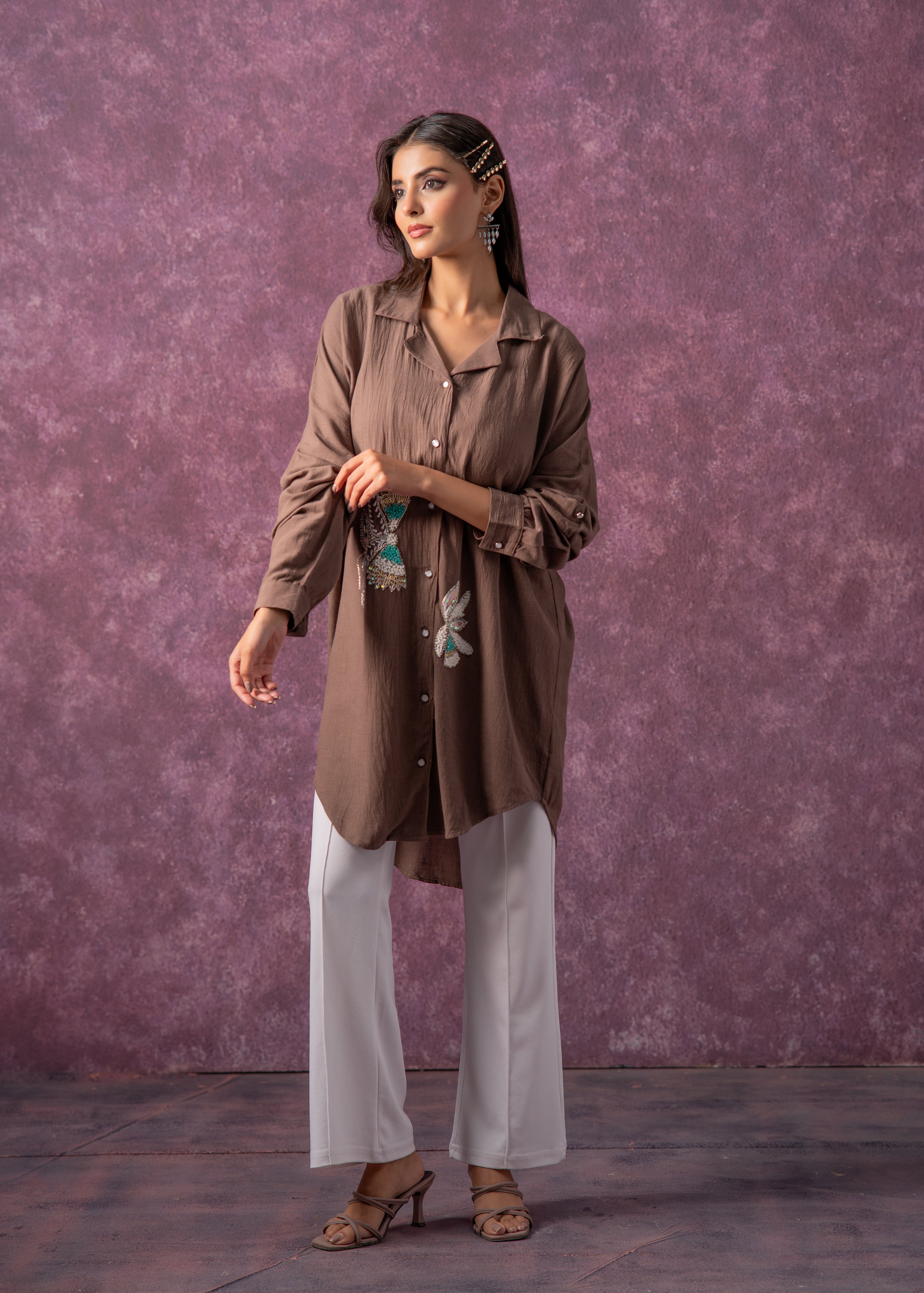 Brown Solid Viscose Shirt with Beads, Sequence, and Thread Work