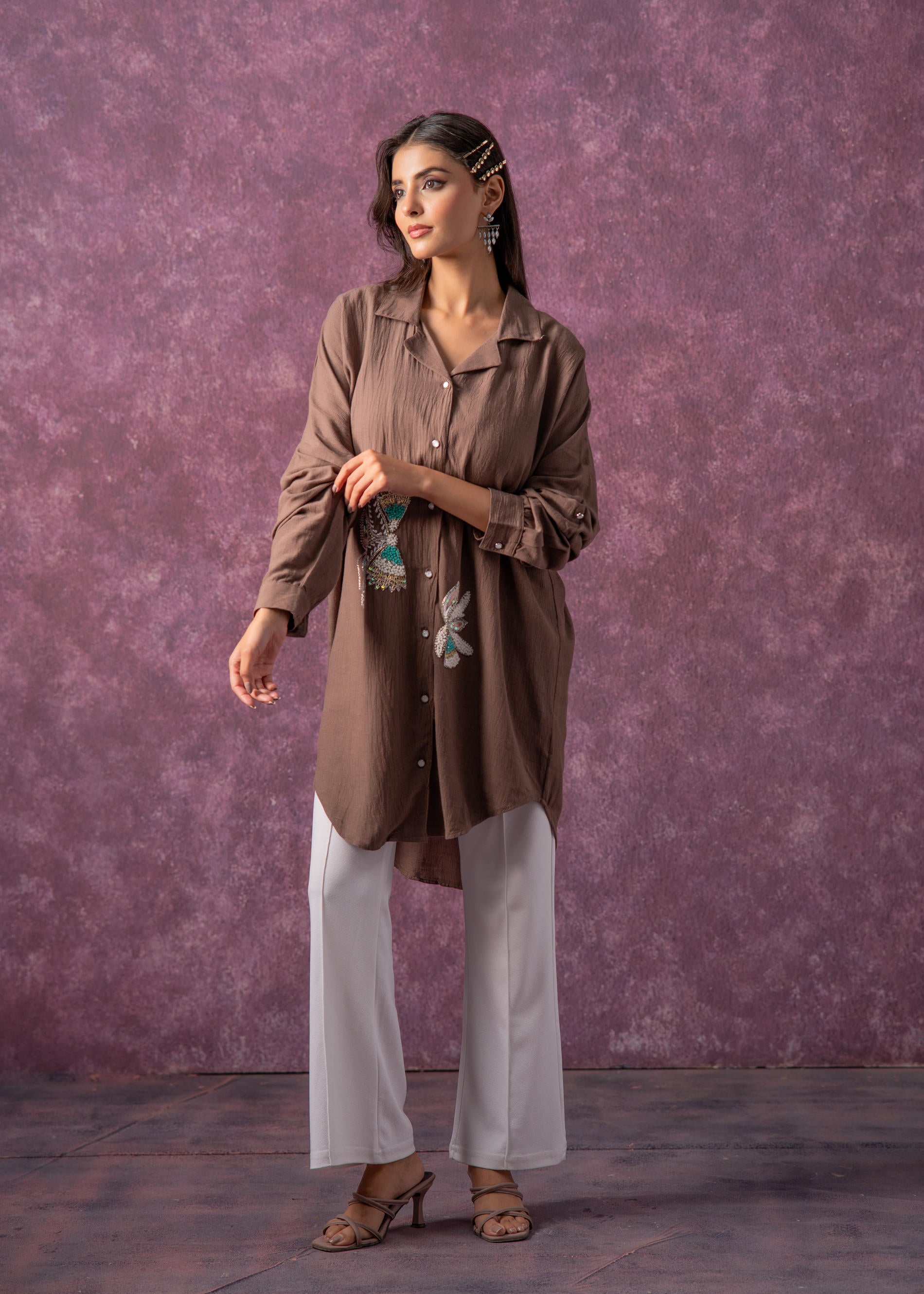 Brown Solid Viscose Shirt with Beads, Sequence, and Thread Work