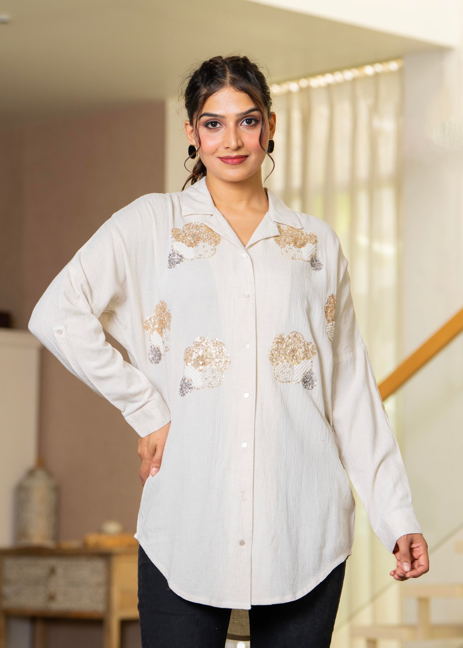 Viscose Linen Off White Embellished Shirt with Sequin & Bead Details