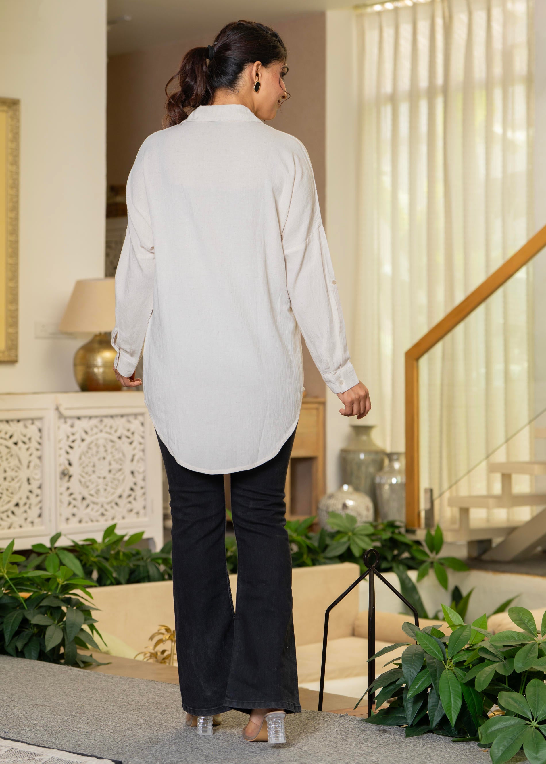 Viscose Linen Off White Embellished Shirt with Sequin & Bead Details