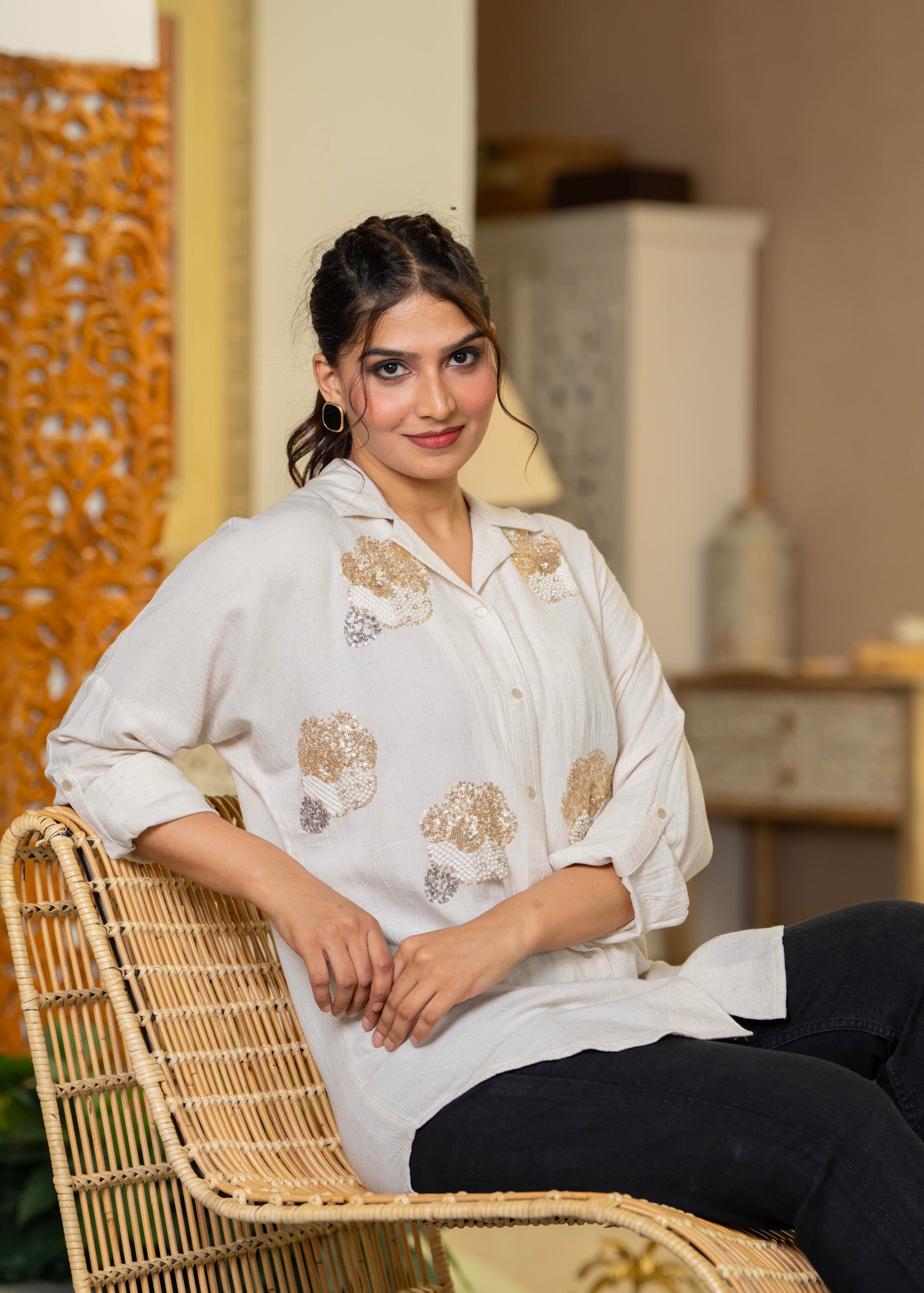 Viscose Linen Off White Embellished Shirt with Sequin & Bead Details
