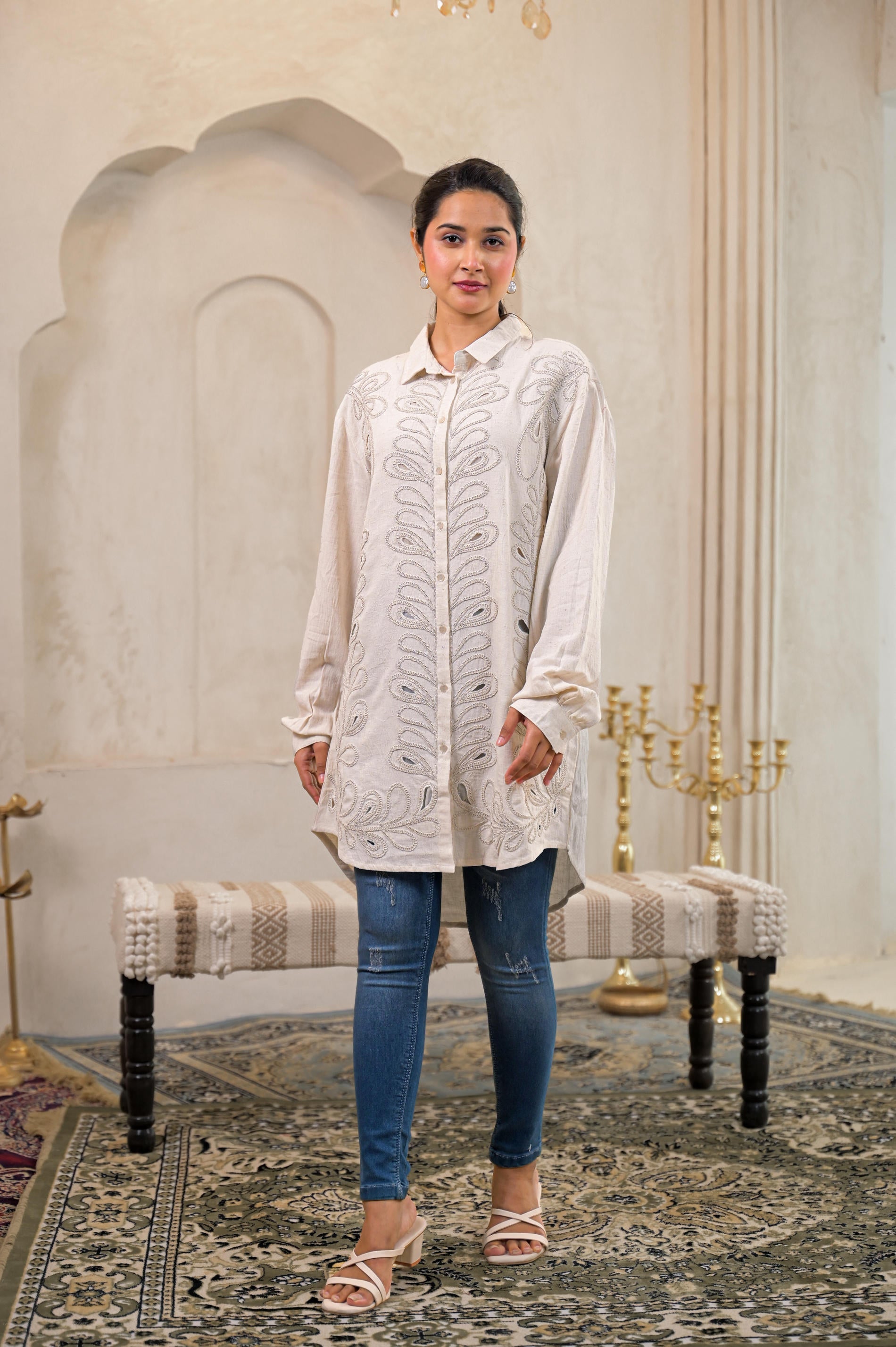 Off-White Embroidered Viscose-Linen Shirt with Zari Work