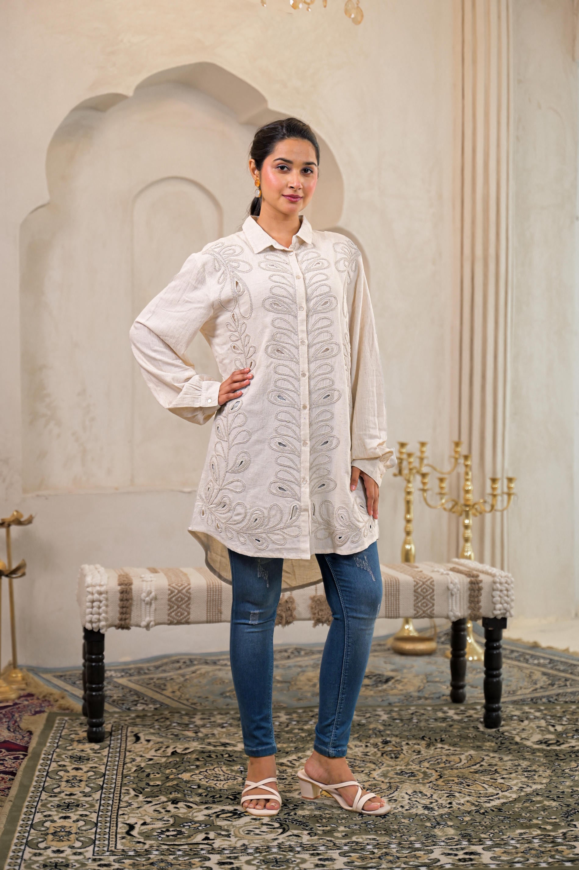 Off-White Embroidered Viscose-Linen Shirt with Zari Work