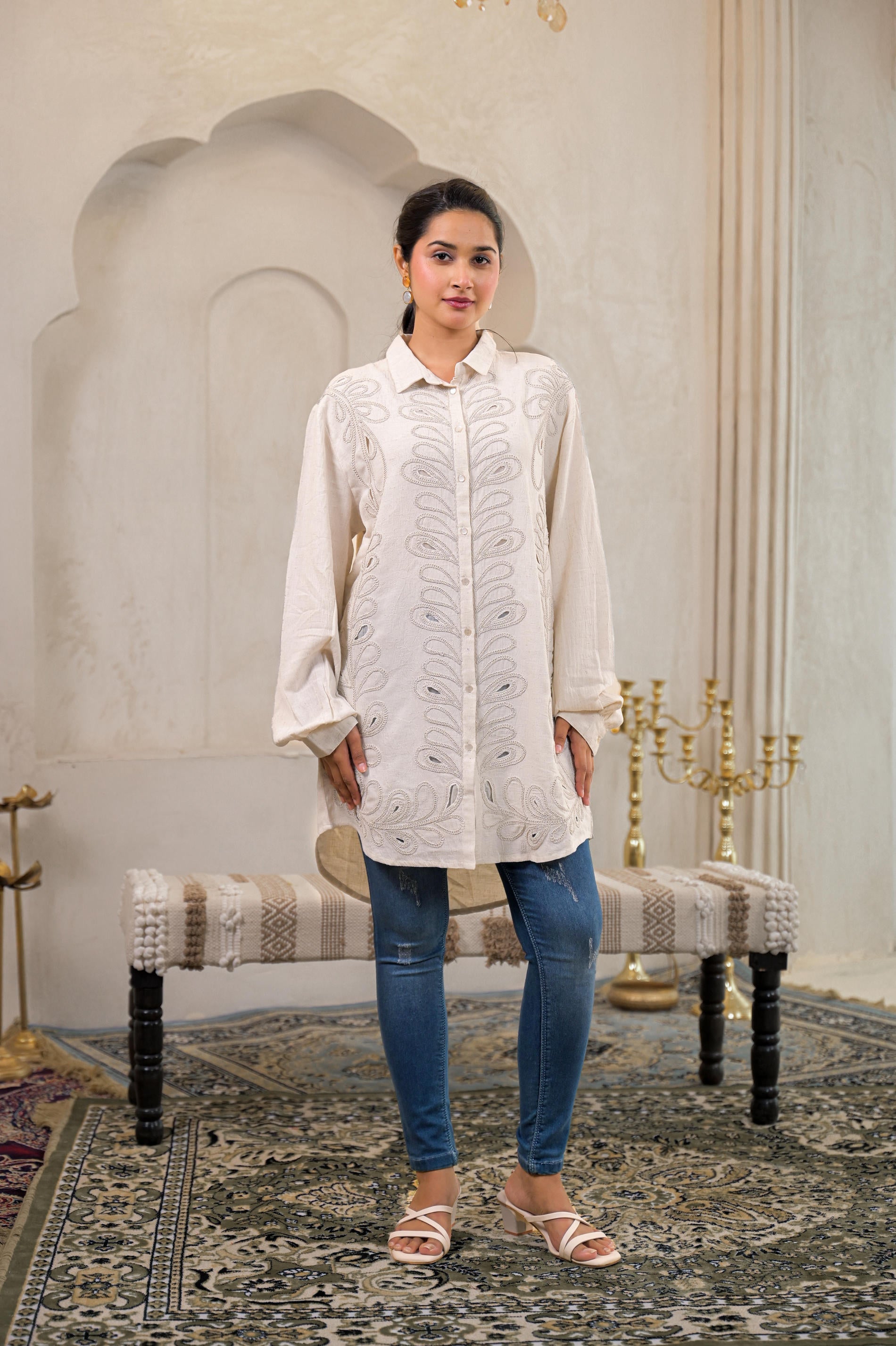 Off-White Embroidered Viscose-Linen Shirt with Zari Work