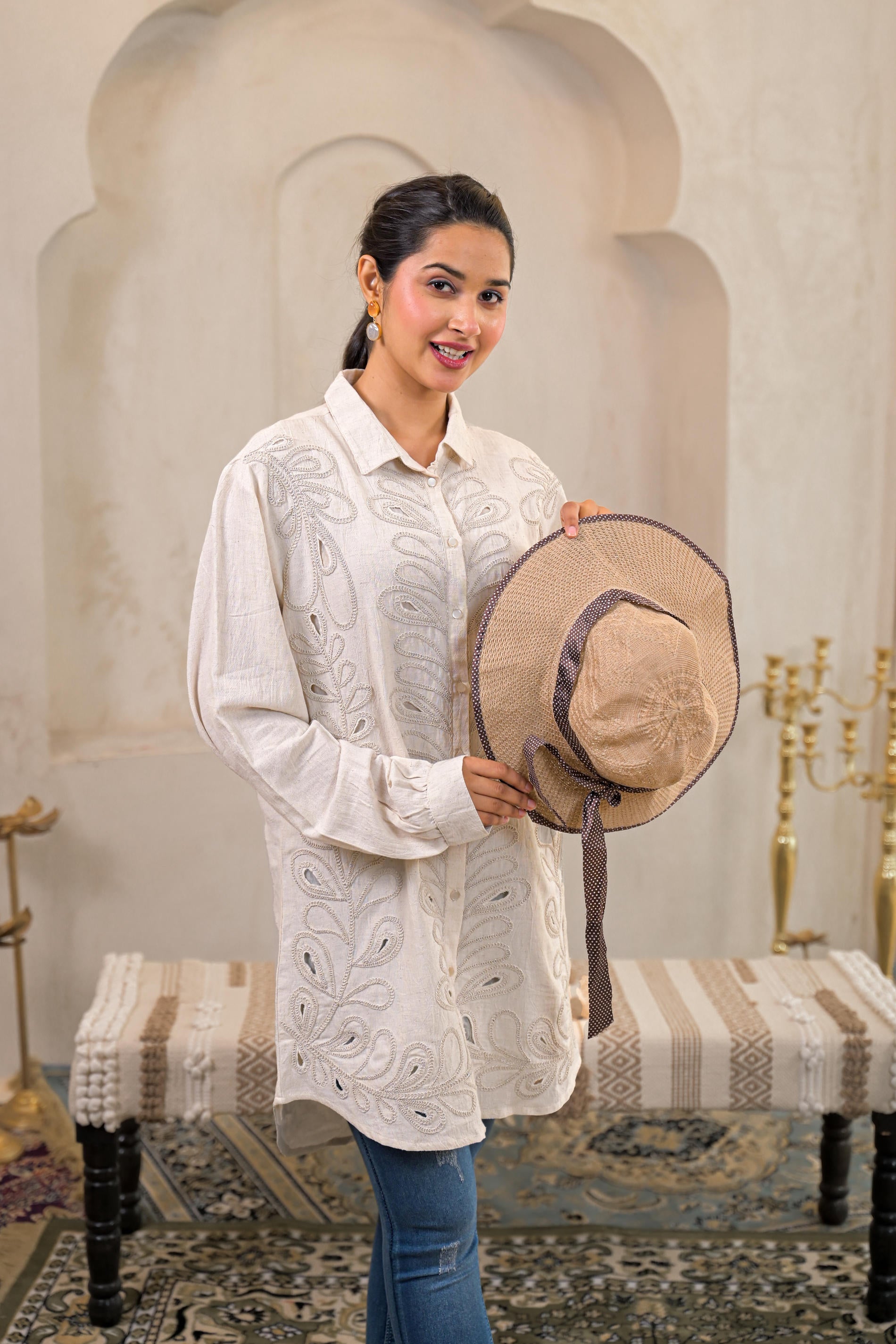 Off-White Embroidered Viscose-Linen Shirt with Zari Work