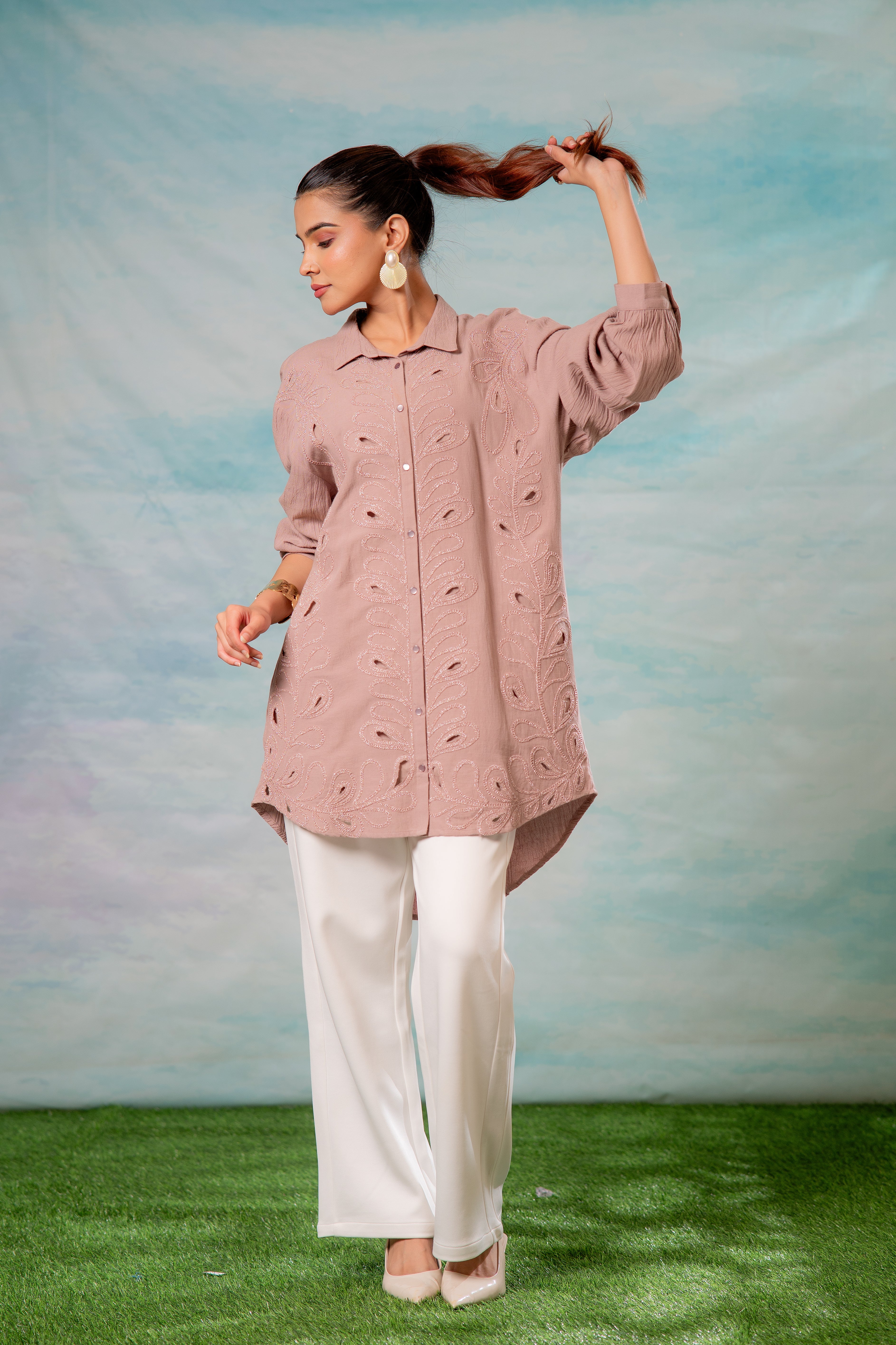 Pink Embroidered Viscose-Linen Shirt with Zari Work