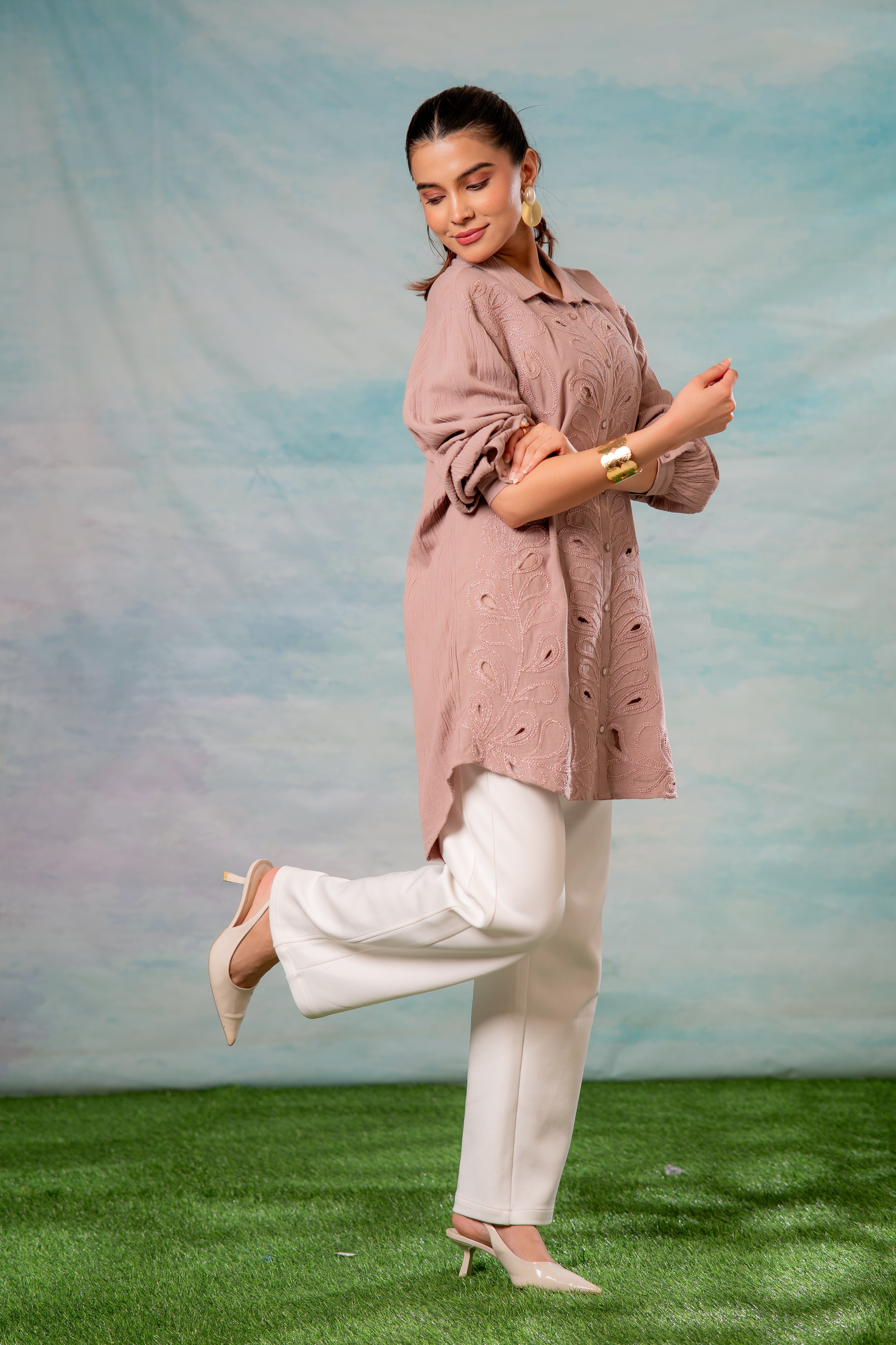 Pink Embroidered Viscose-Linen Shirt with Zari Work