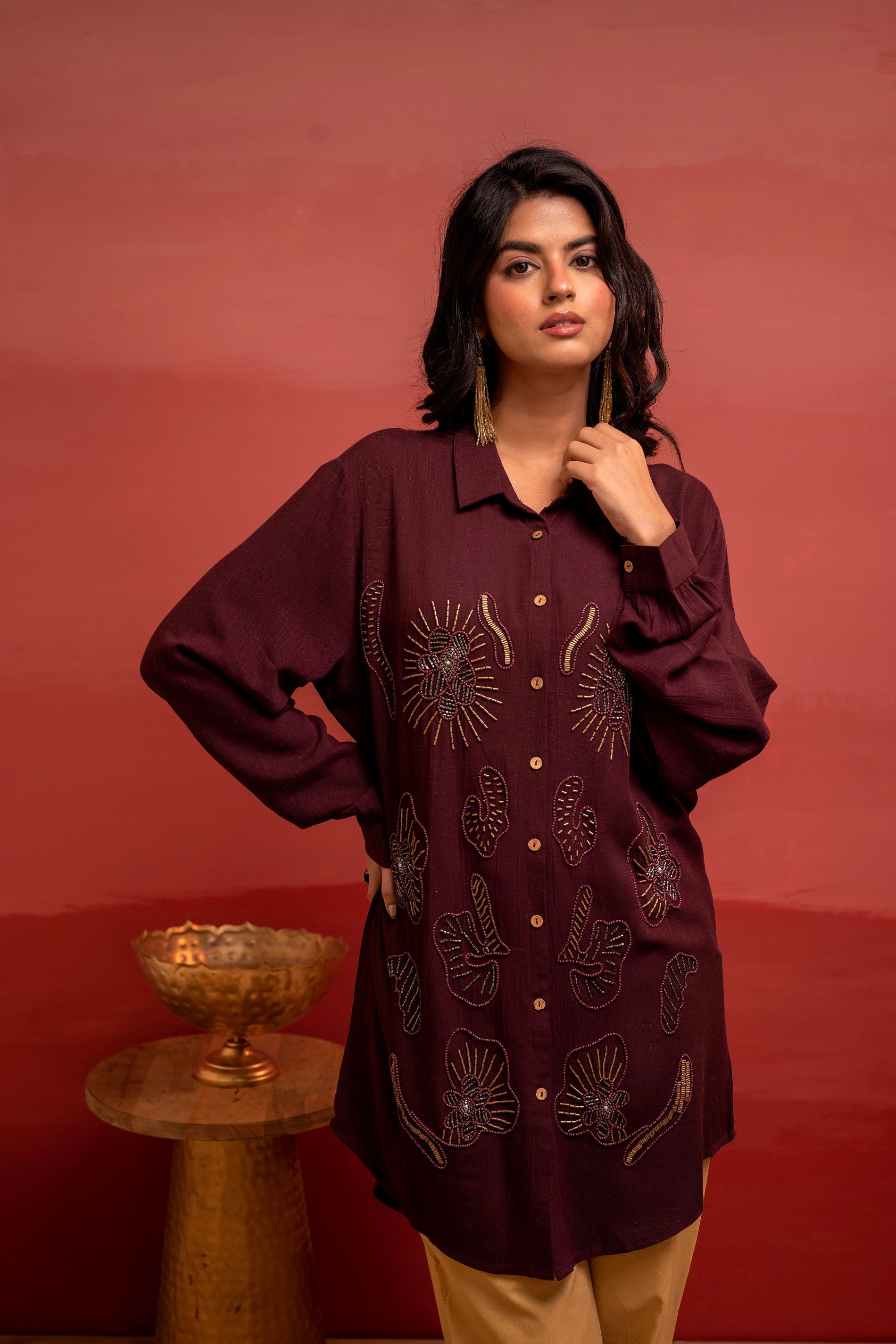 Coffee Brown Solid Viscose Shirt with Beads and Sequence Work