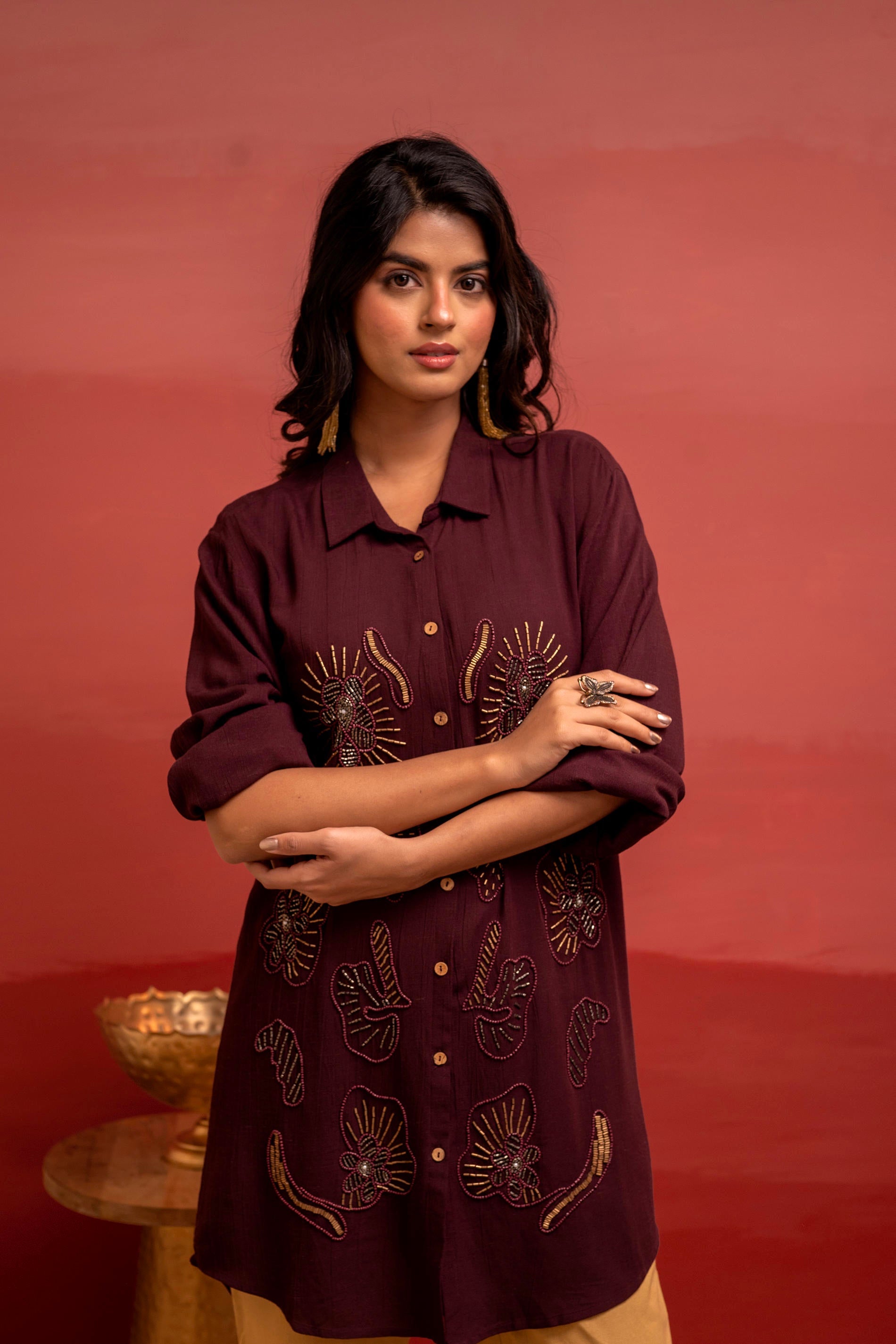 Coffee Brown Solid Viscose Shirt with Beads and Sequence Work