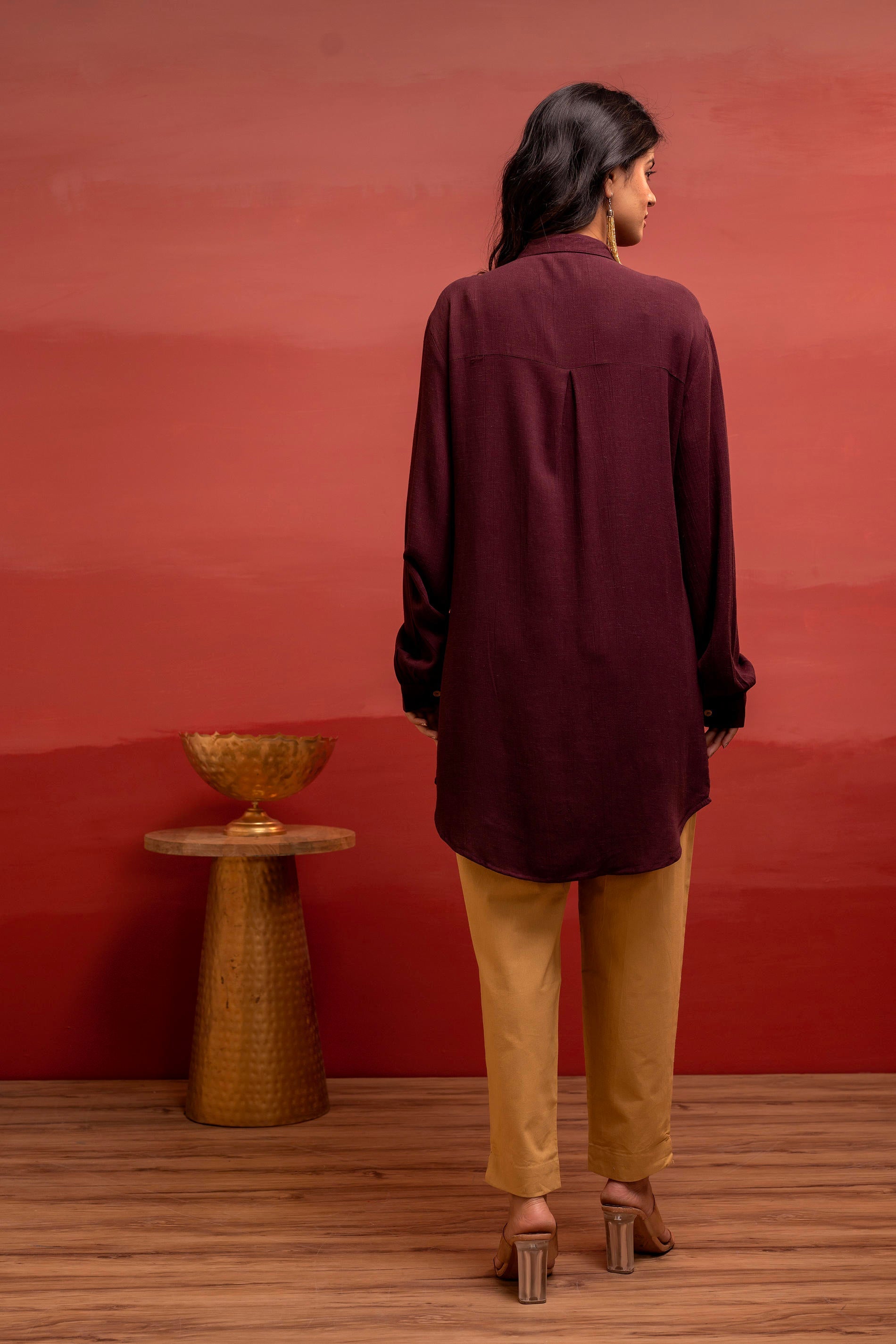 Coffee Brown Solid Viscose Shirt with Beads and Sequence Work