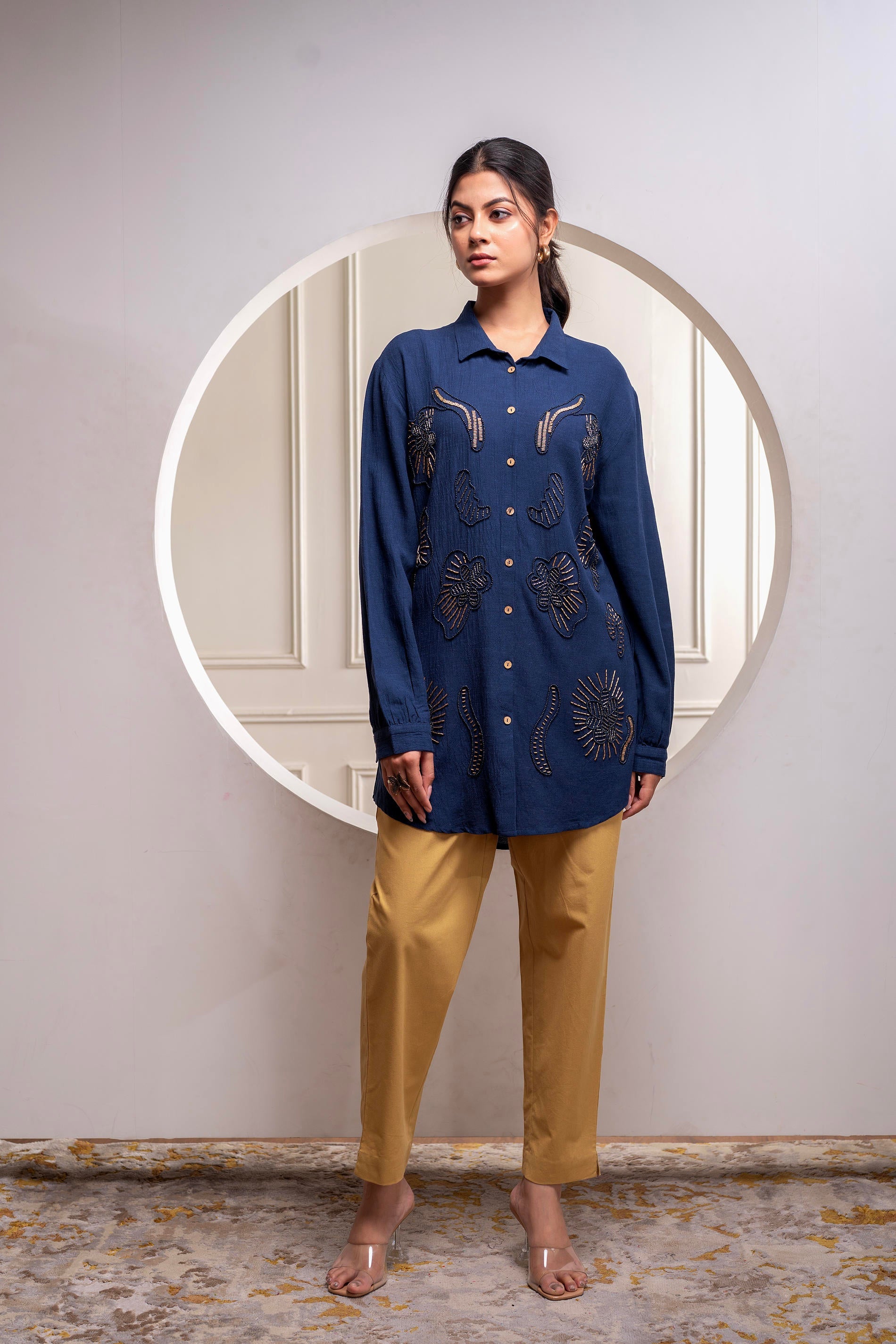 Navy Solid Viscose Shirt with Beads and Sequence Work