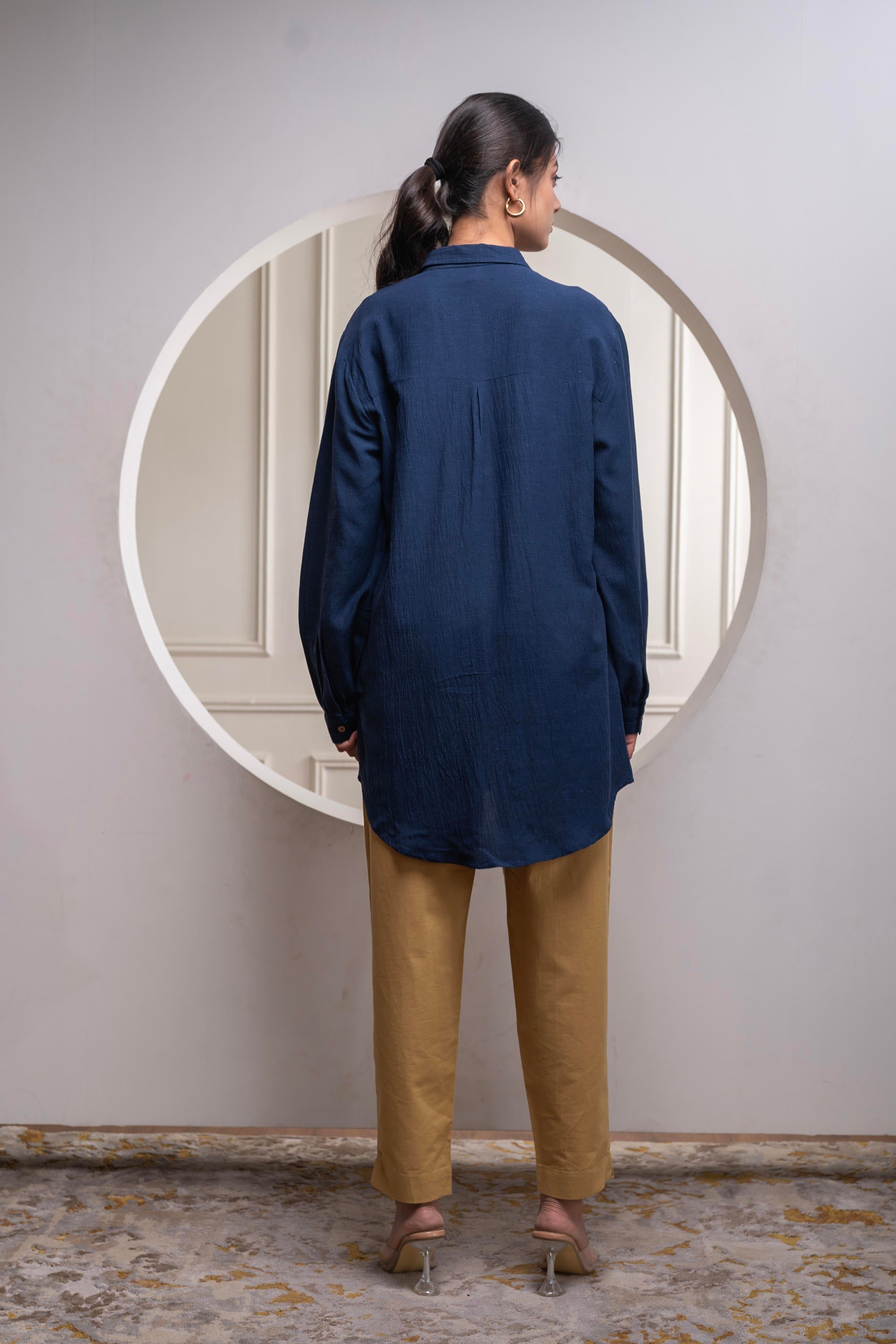 Navy Solid Viscose Shirt with Beads and Sequence Work