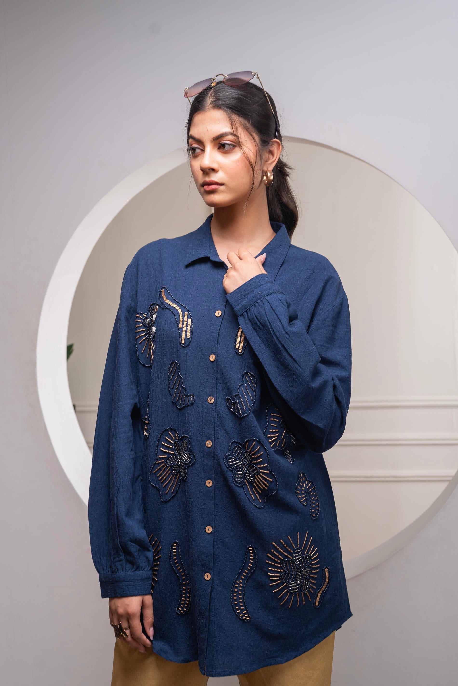 Navy Solid Viscose Shirt with Beads and Sequence Work