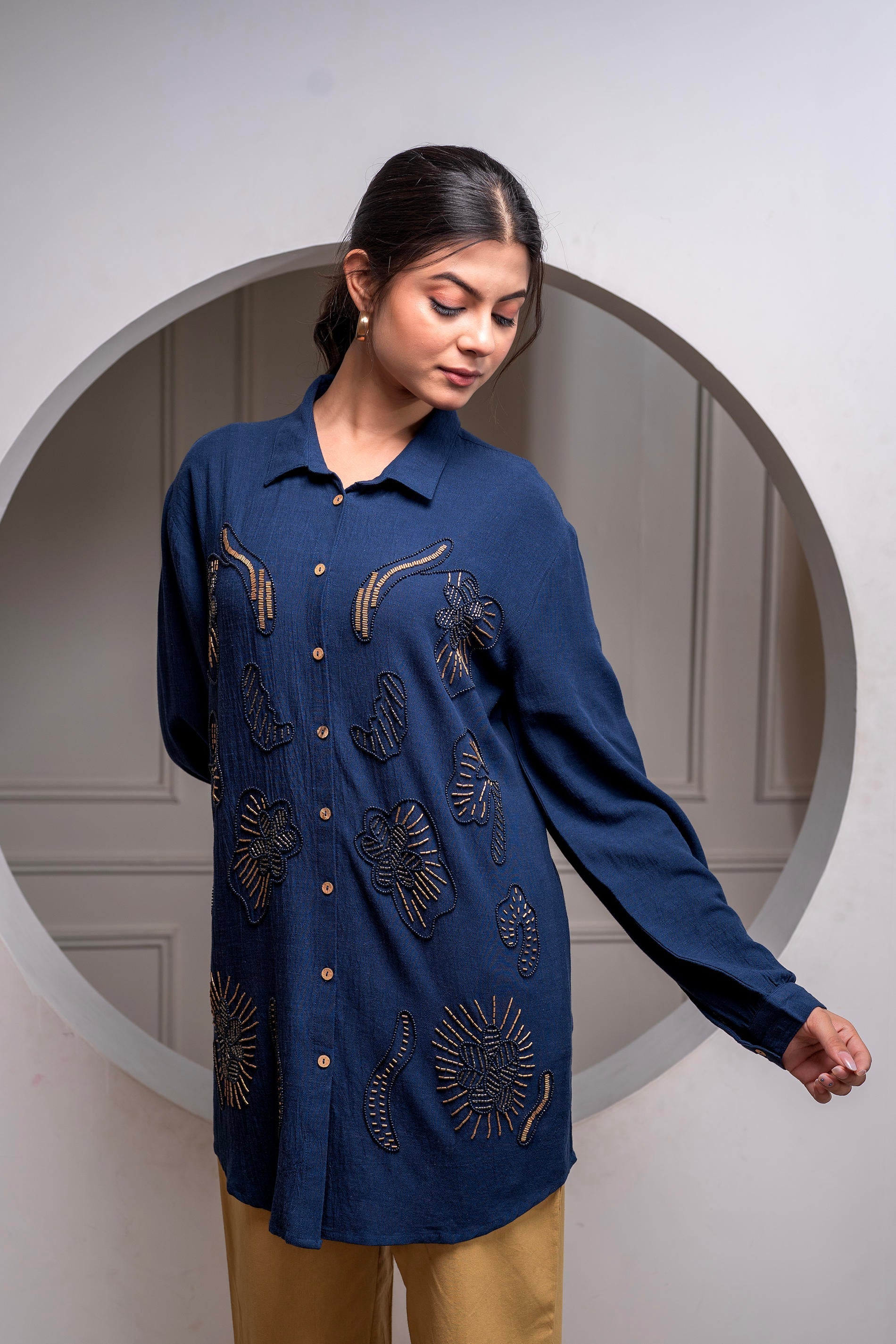 Navy Solid Viscose Shirt with Beads and Sequence Work