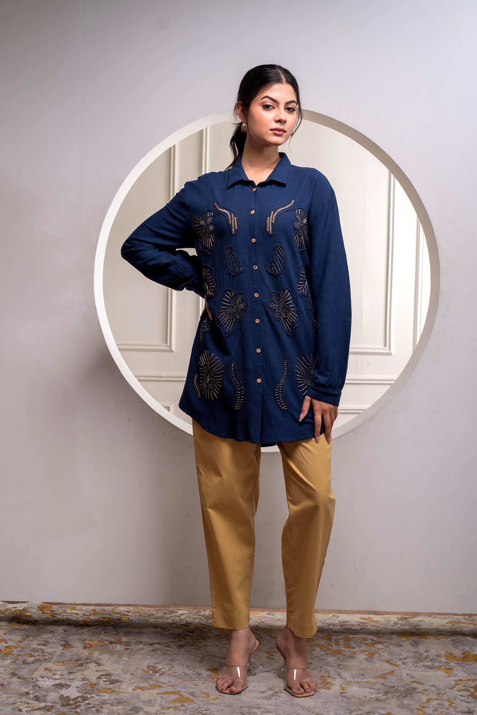 Navy Solid Viscose Shirt with Beads and Sequence Work