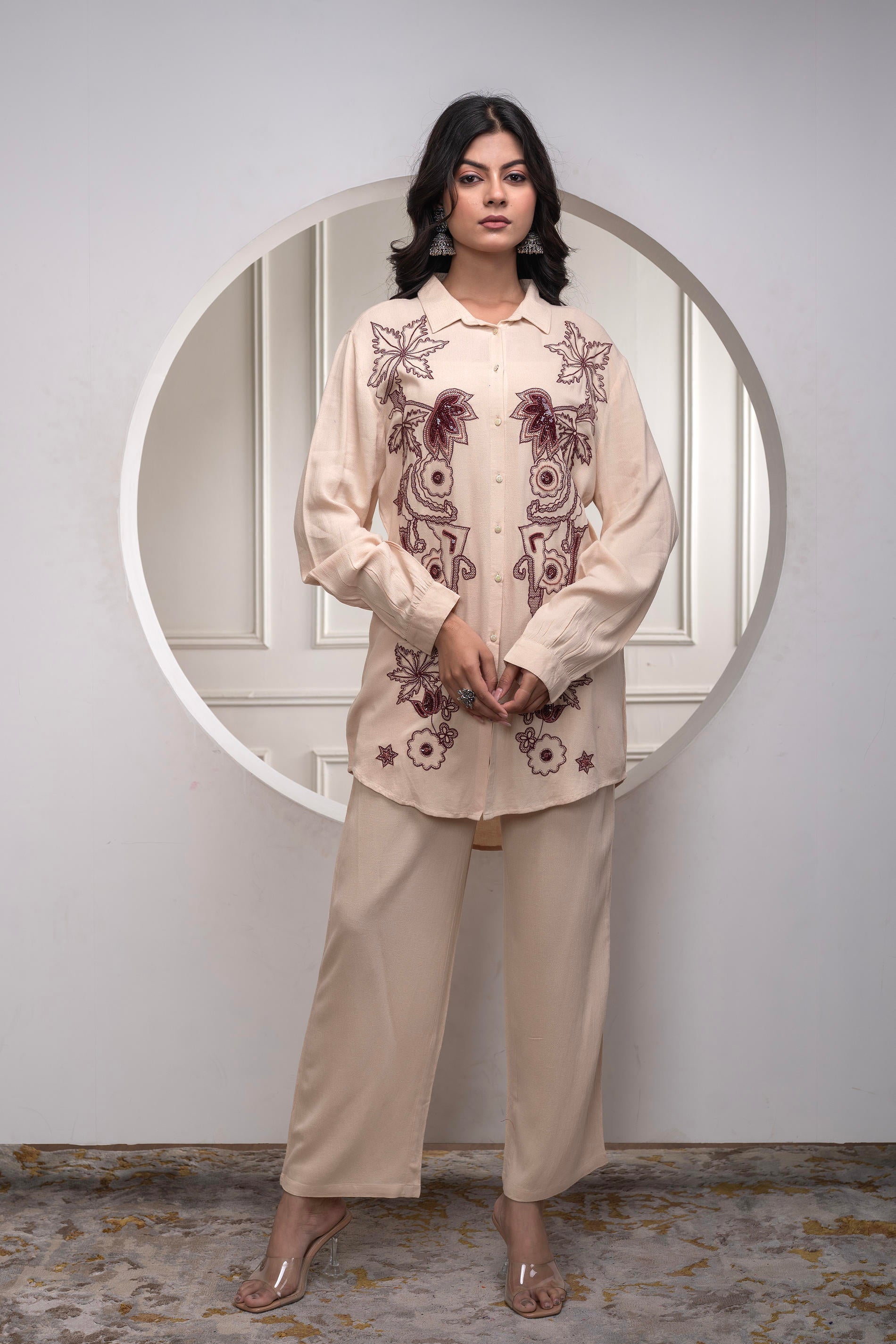 Viscose Linen Cream Maroon Embellished Shirt and Pant Co-Ord Set with Sequin & Bead Details