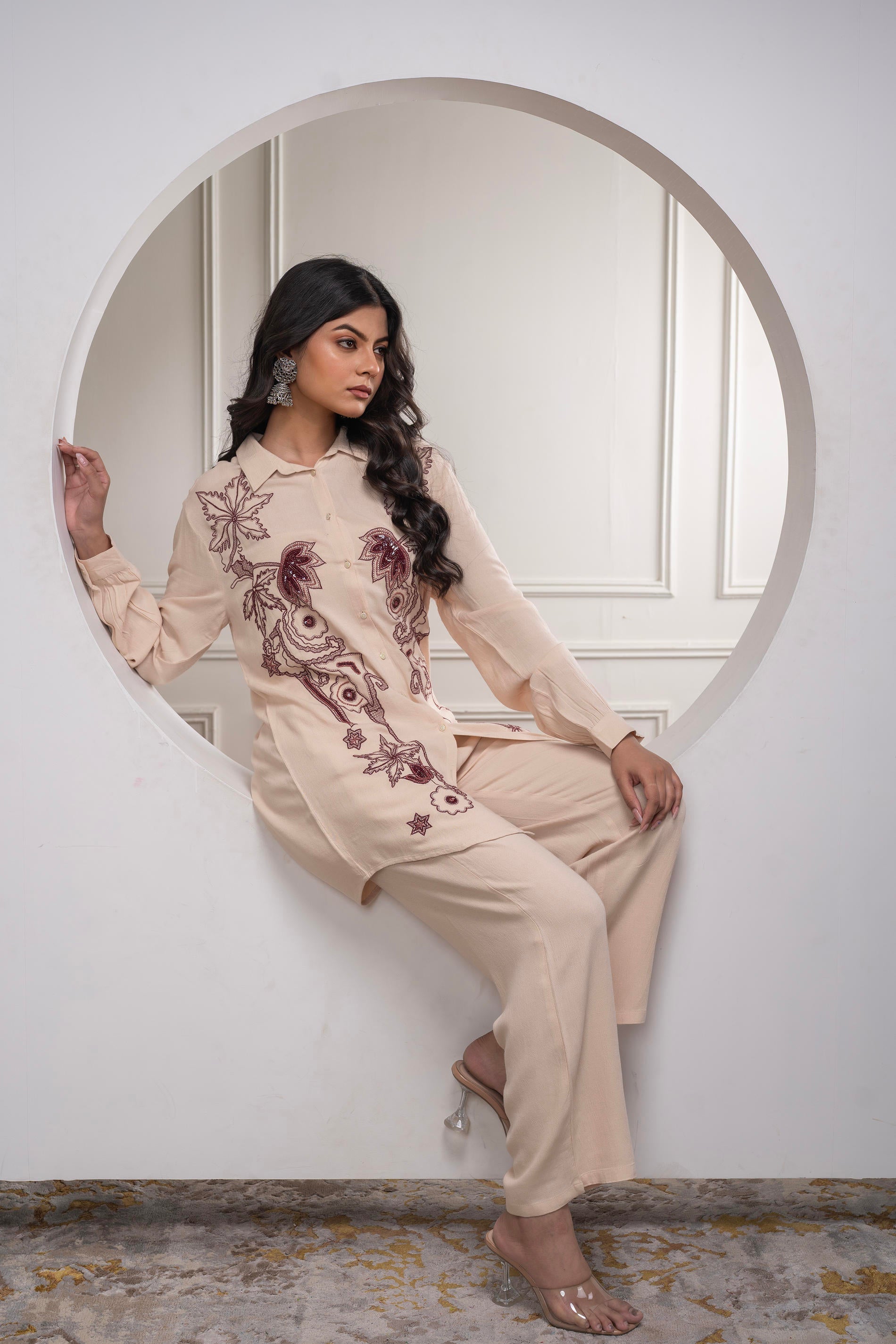 Viscose Linen Cream Maroon Embellished Shirt and Pant Co-Ord Set with Sequin & Bead Details