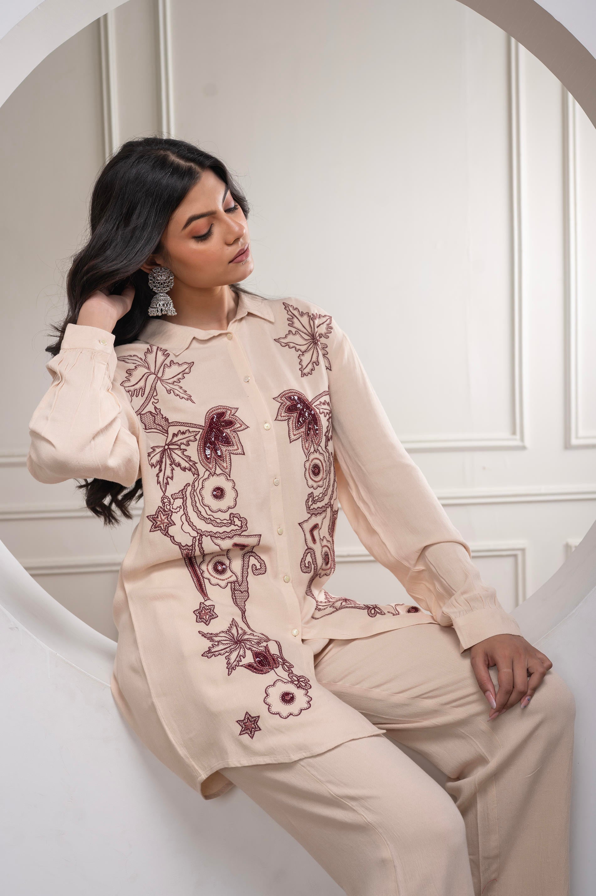 Viscose Linen Cream Maroon Embellished Shirt and Pant Co-Ord Set with Sequin & Bead Details