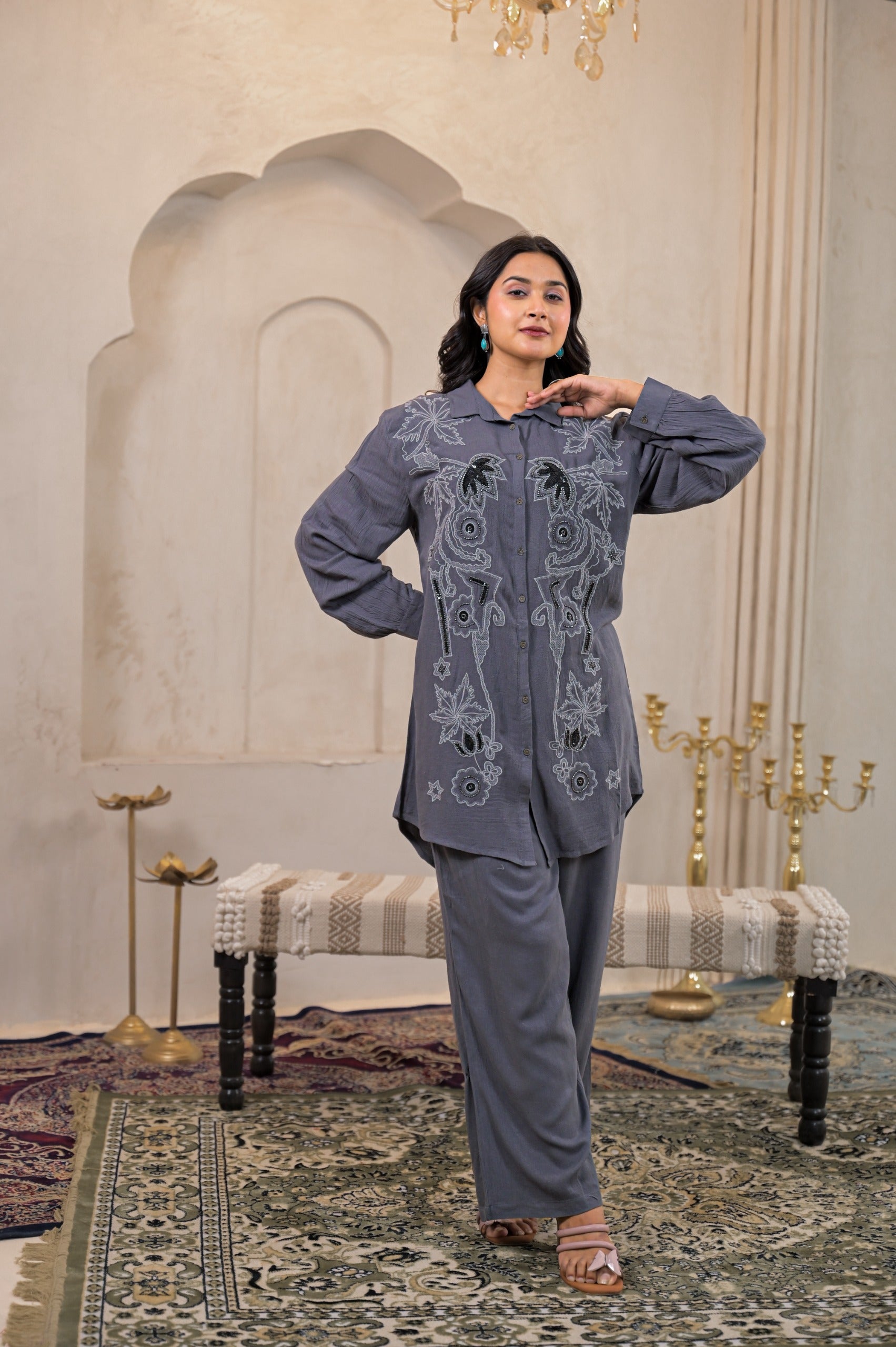 Viscose Linen Grey Embellished Shirt and Pant Co-Ord Set with Sequin & Bead Details