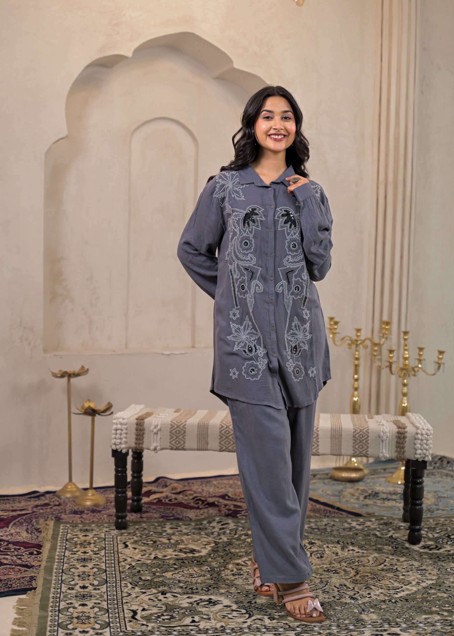 Viscose Linen Grey Embellished Shirt and Pant Co-Ord Set with Sequin & Bead Details
