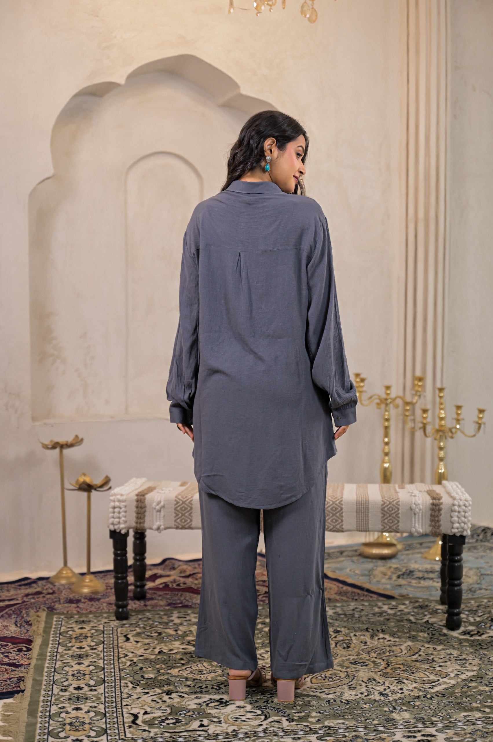 Viscose Linen Grey Embellished Shirt and Pant Co-Ord Set with Sequin & Bead Details