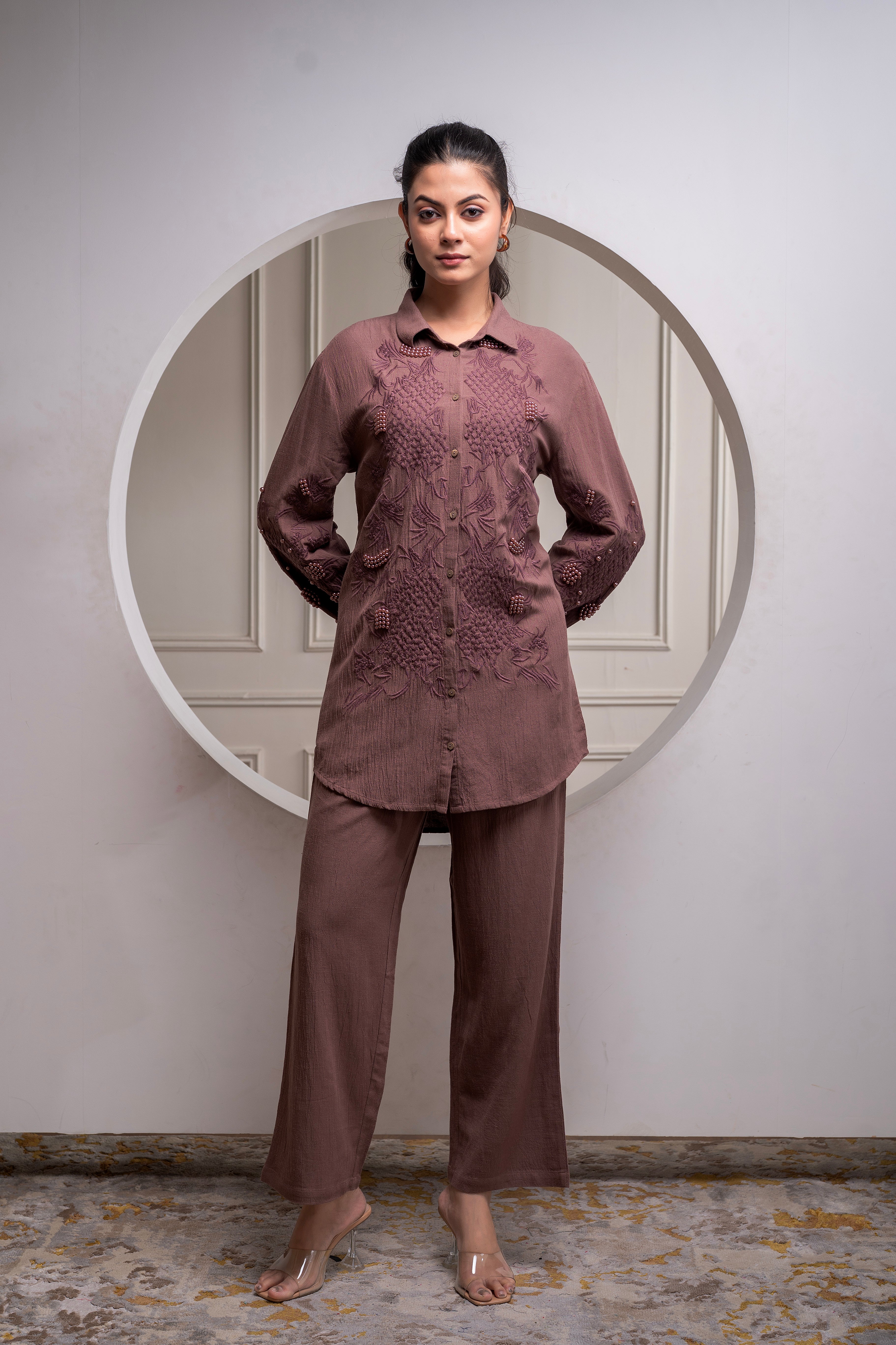 Brown Embellished Viscose Co-ord Set with Bead Details
