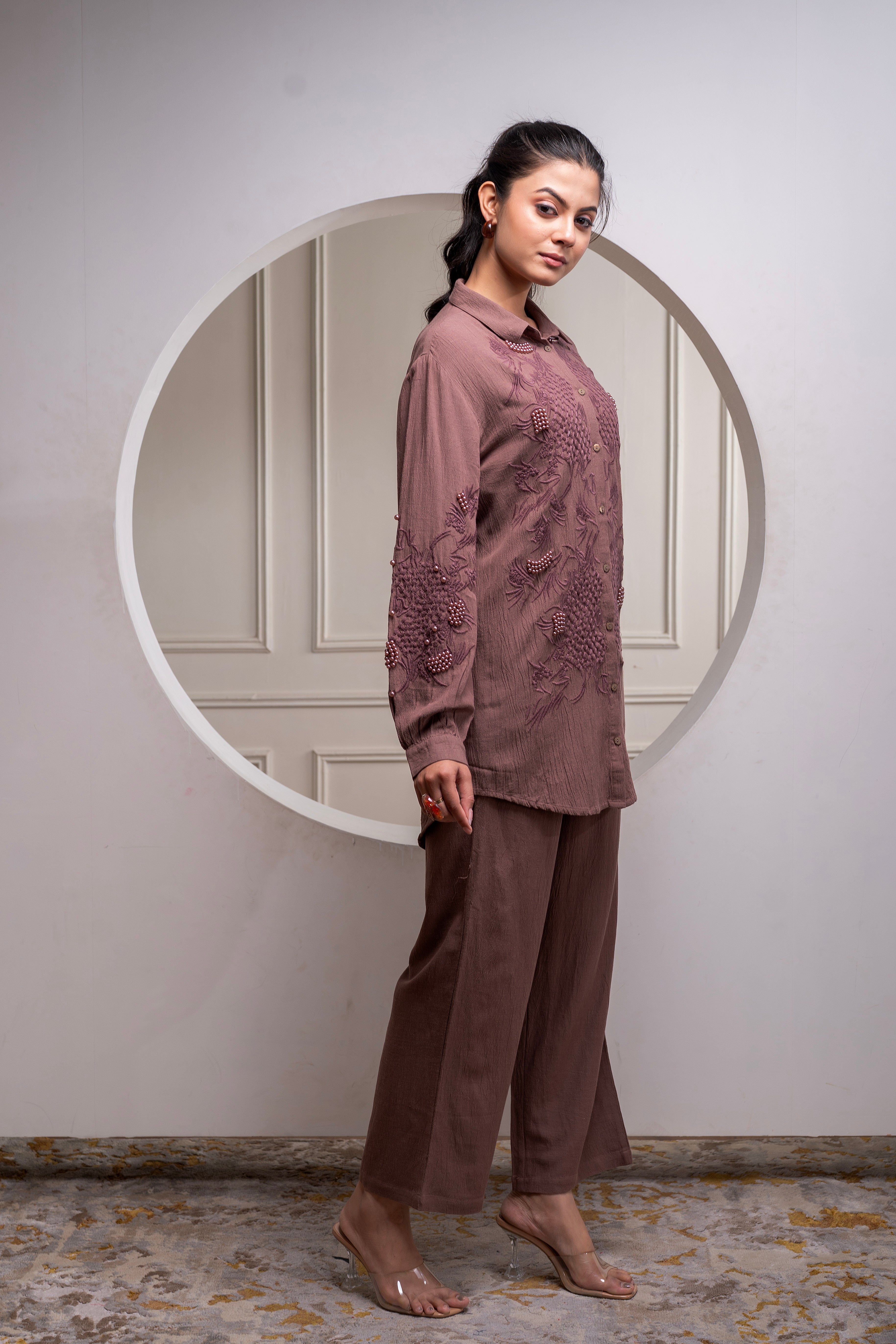 Brown Embellished Viscose Co-ord Set with Bead Details