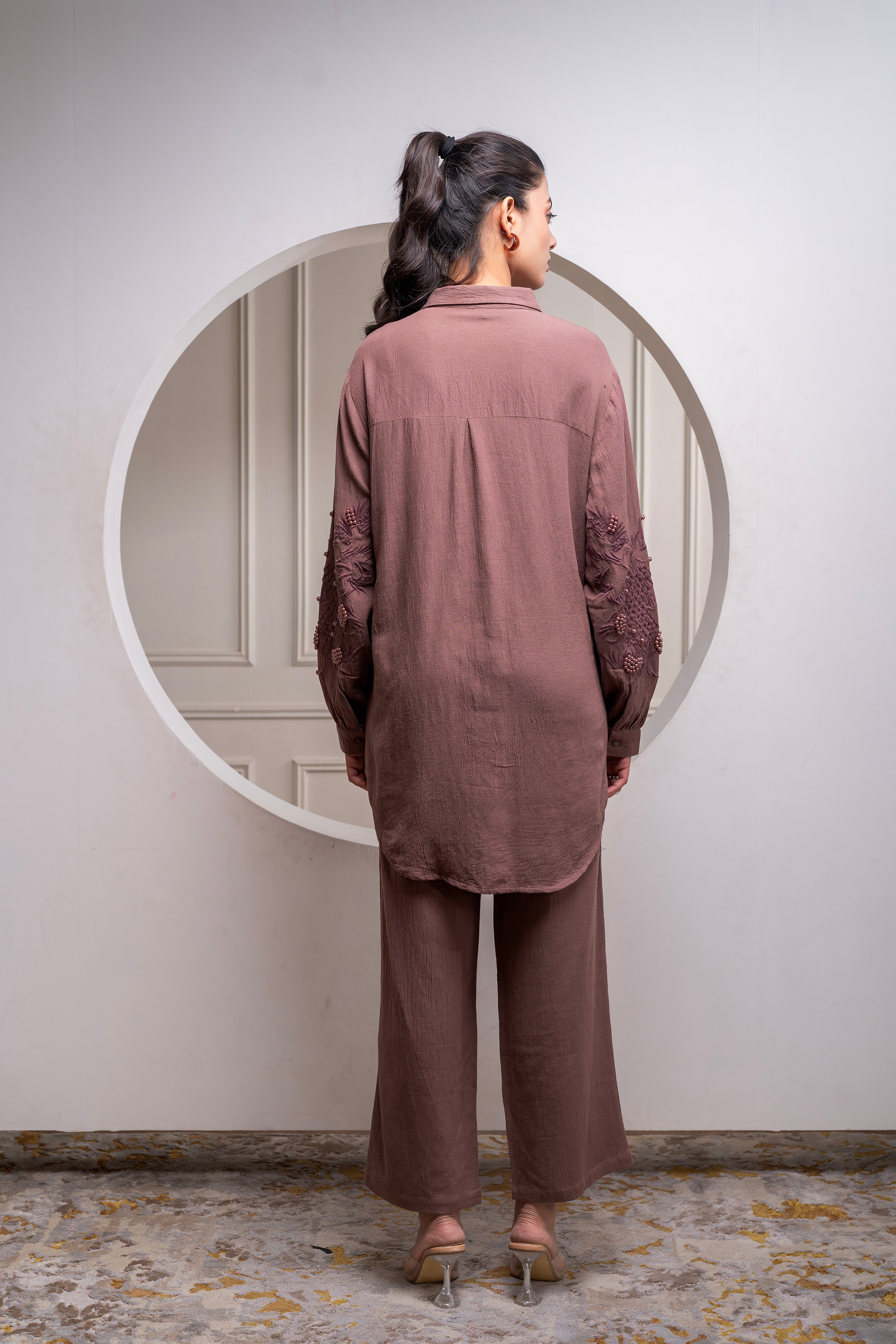 Brown Embellished Viscose Co-ord Set with Bead Details