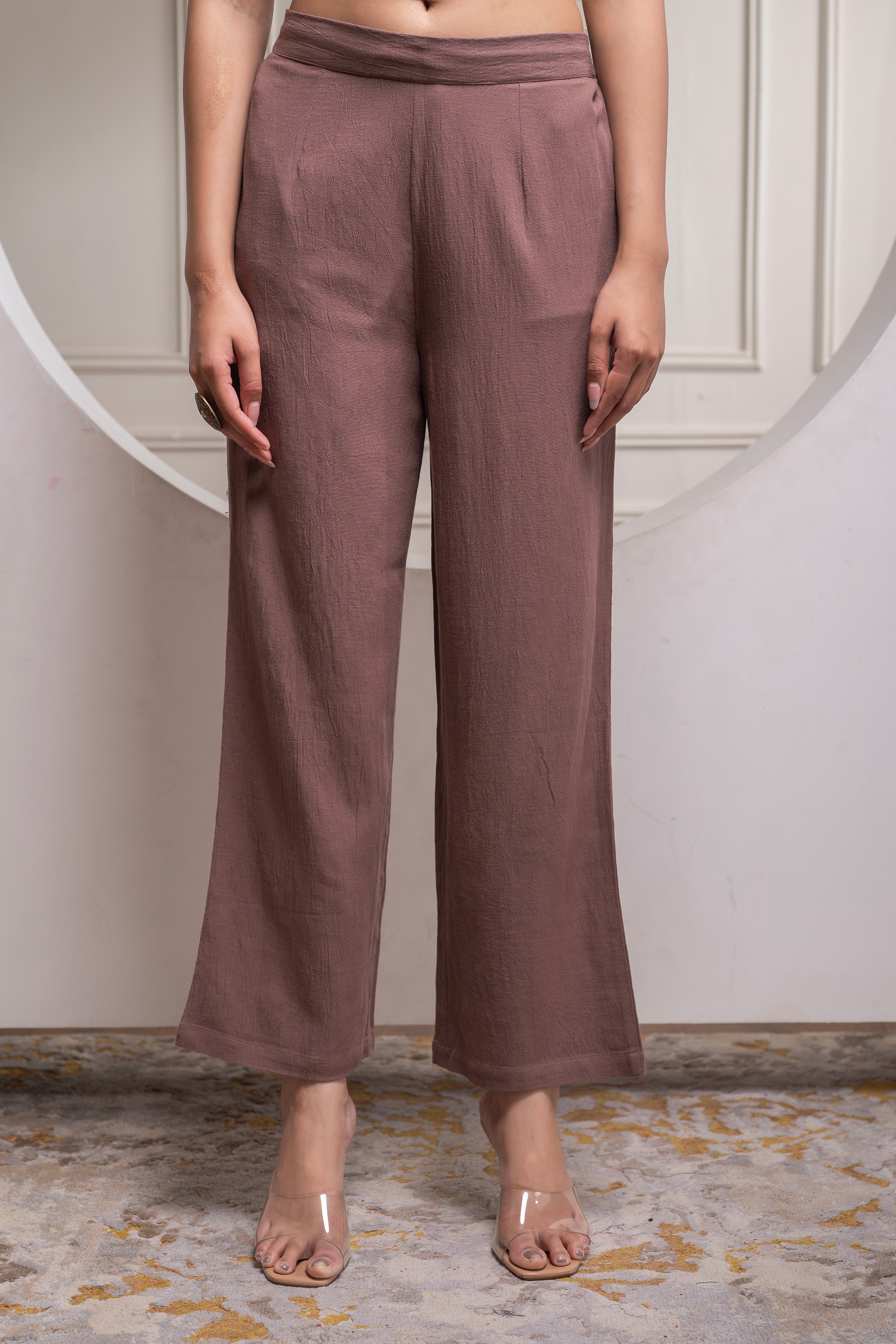 Brown Embellished Viscose Co-ord Set with Bead Details