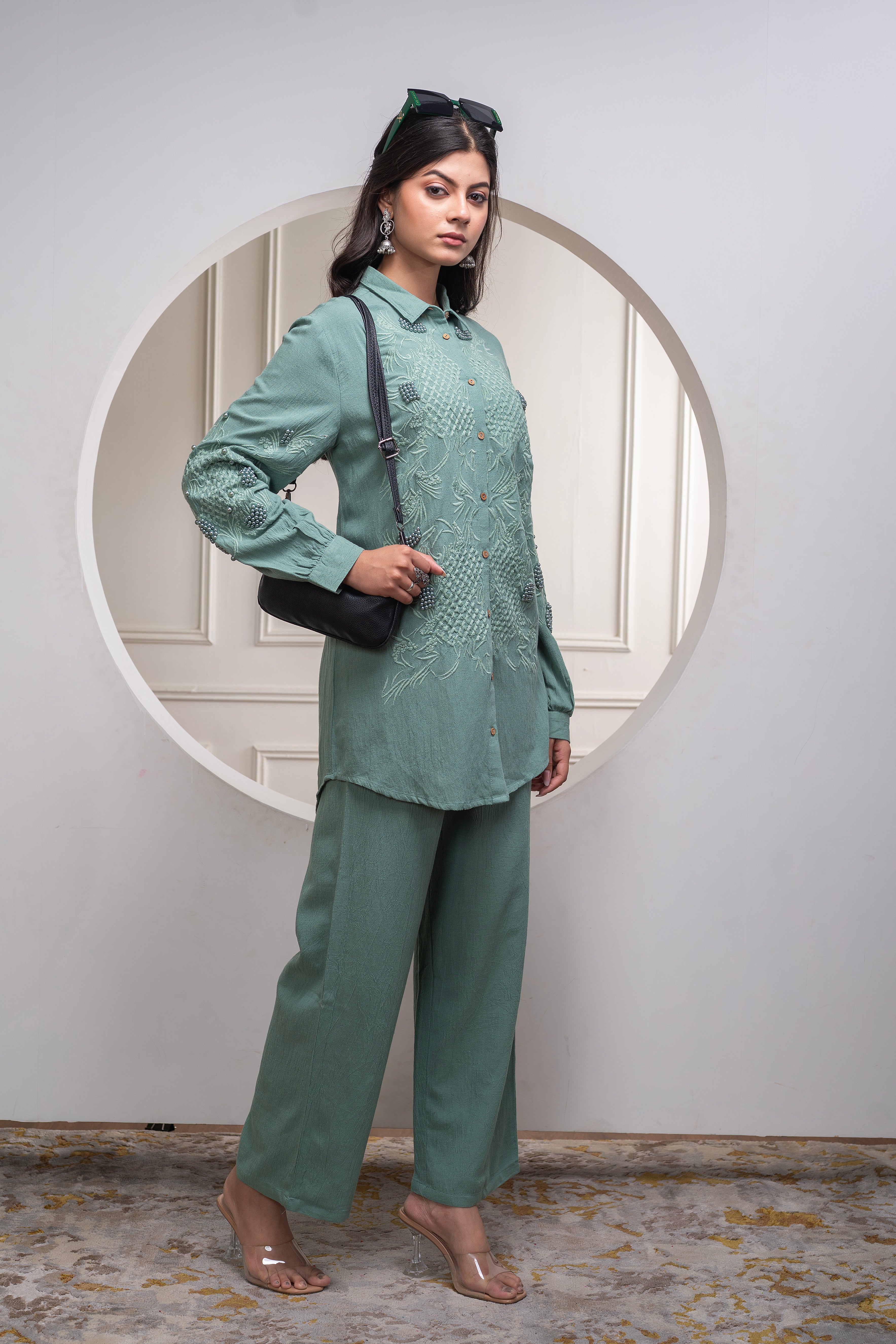 Sage Green Embellished Viscose Co-ord Set with Bead Details