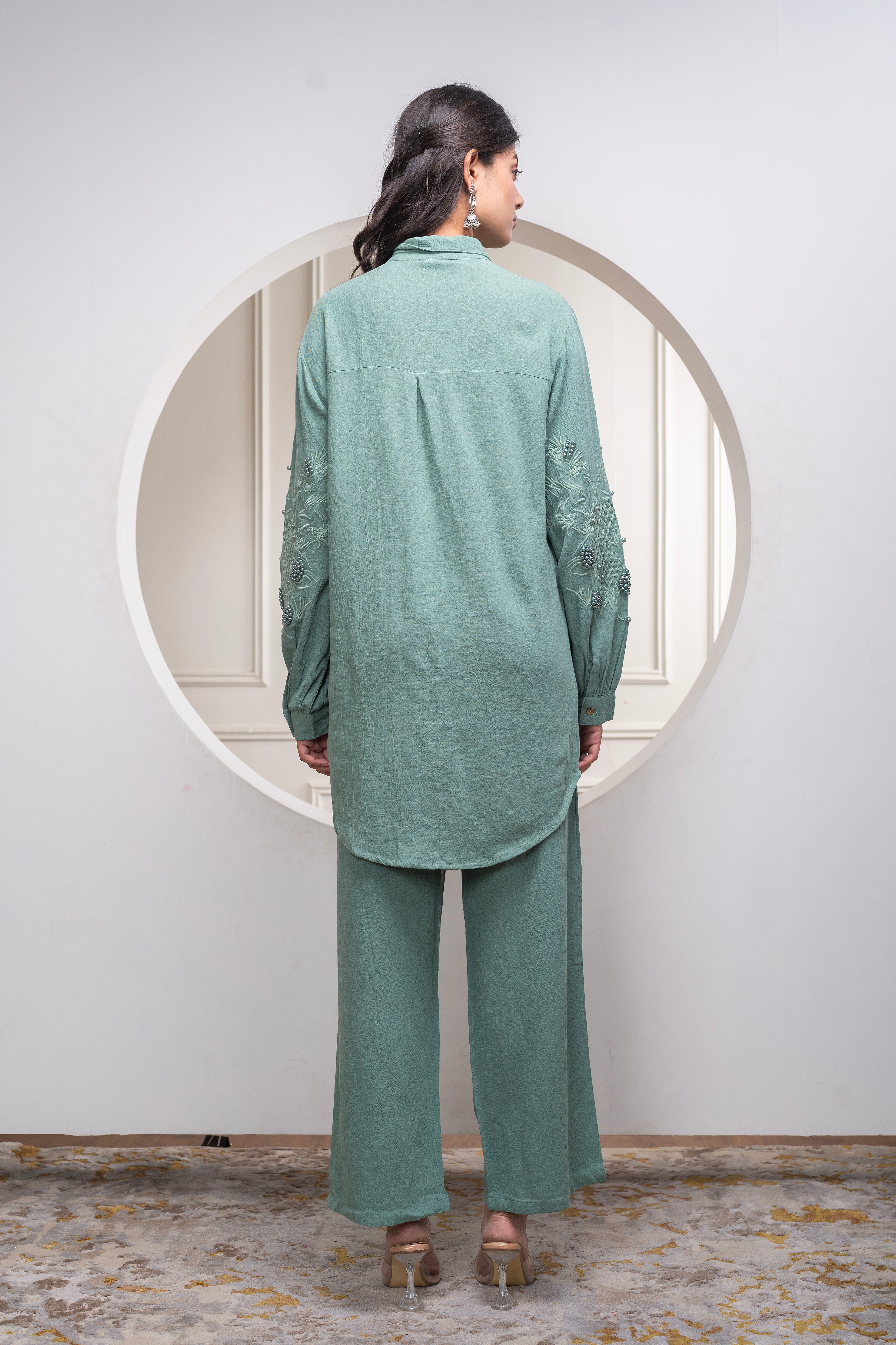 Sage Green Embellished Viscose Co-ord Set with Bead Details
