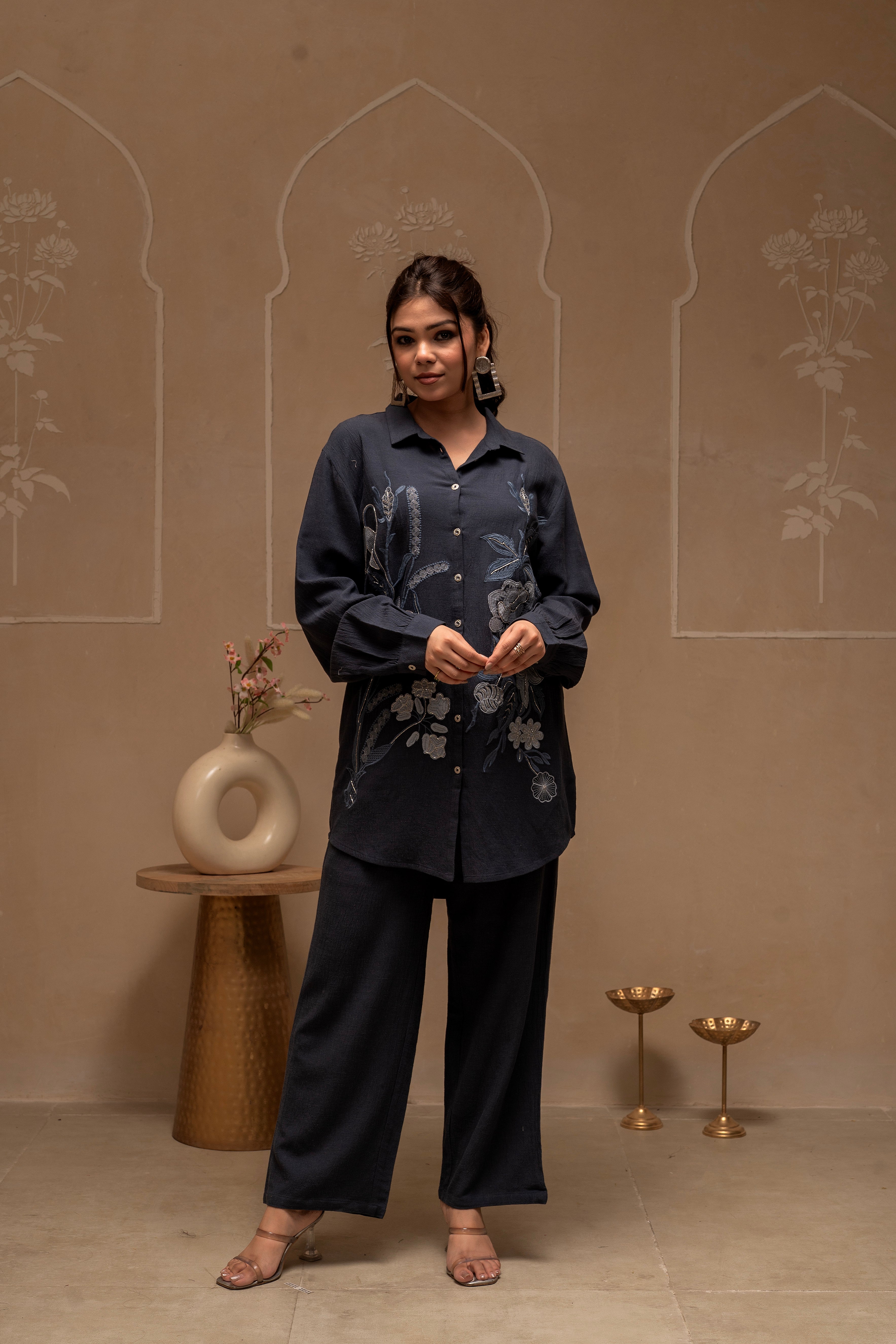Grey Embroidered Viscose Co-ord Set with Thread Work Detailing