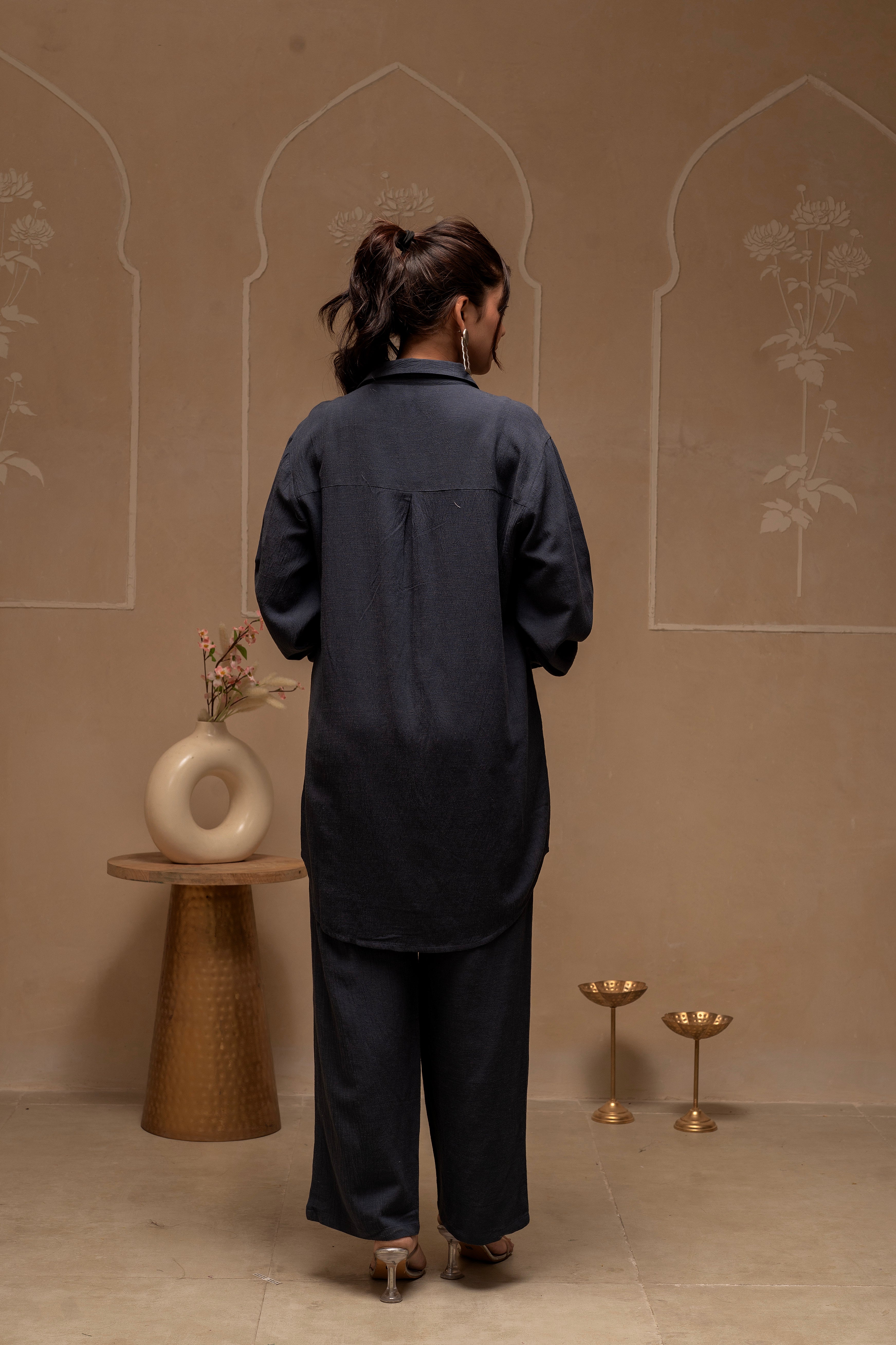 Grey Embroidered Viscose Co-ord Set with Thread Work Detailing