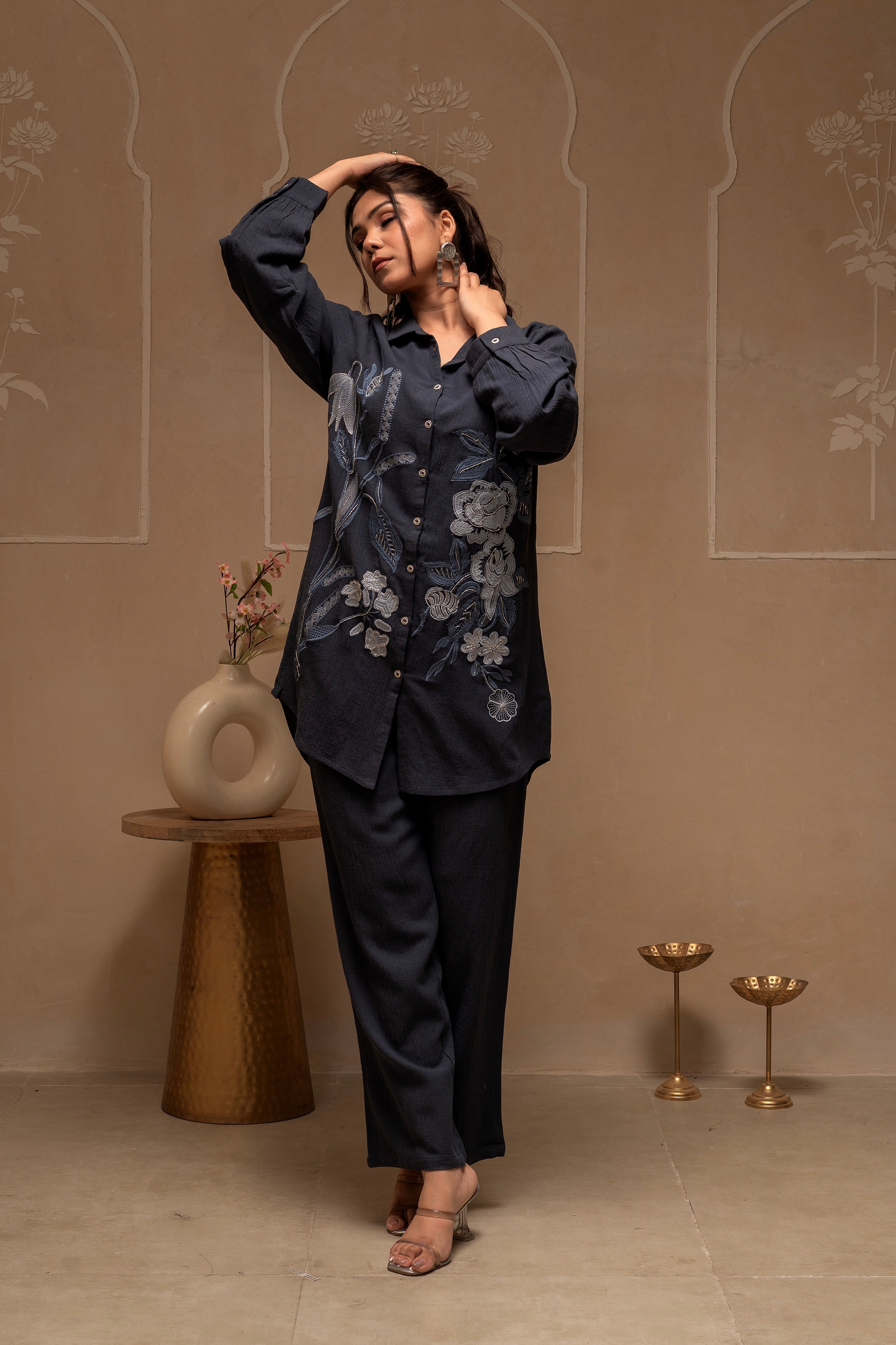 Grey Embroidered Viscose Co-ord Set with Thread Work Detailing
