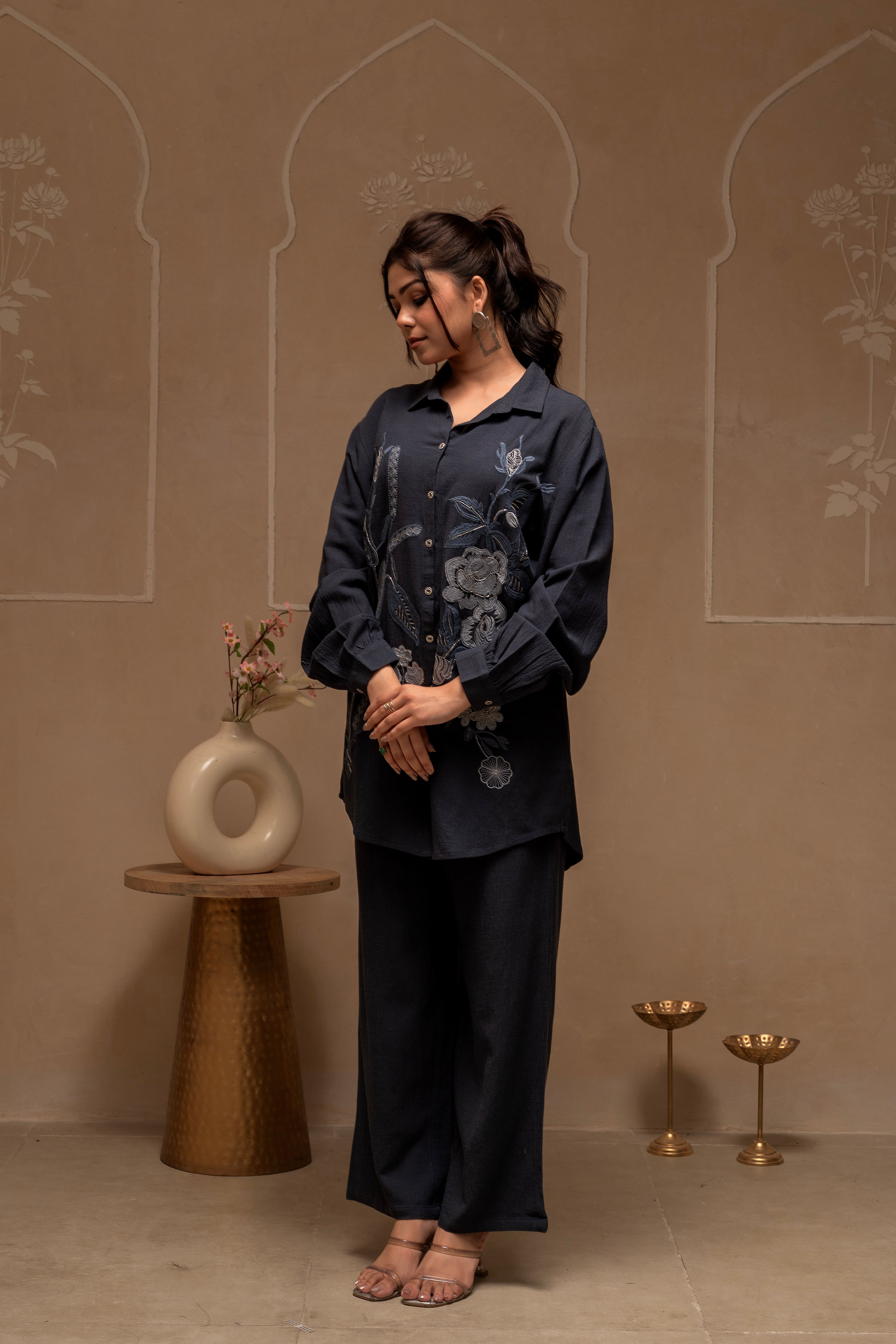 Grey Embroidered Viscose Co-ord Set with Thread Work Detailing
