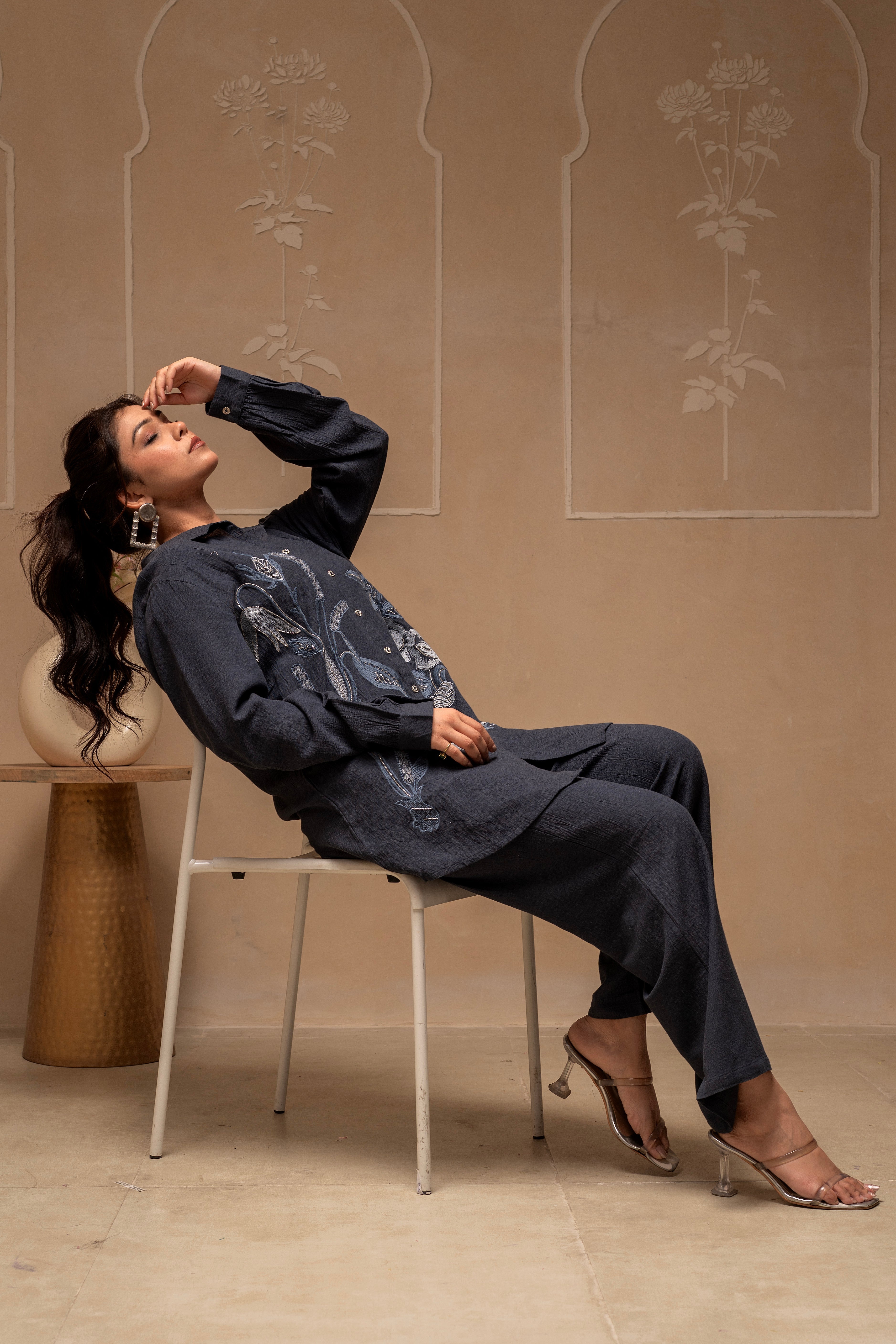 Grey Embroidered Viscose Co-ord Set with Thread Work Detailing