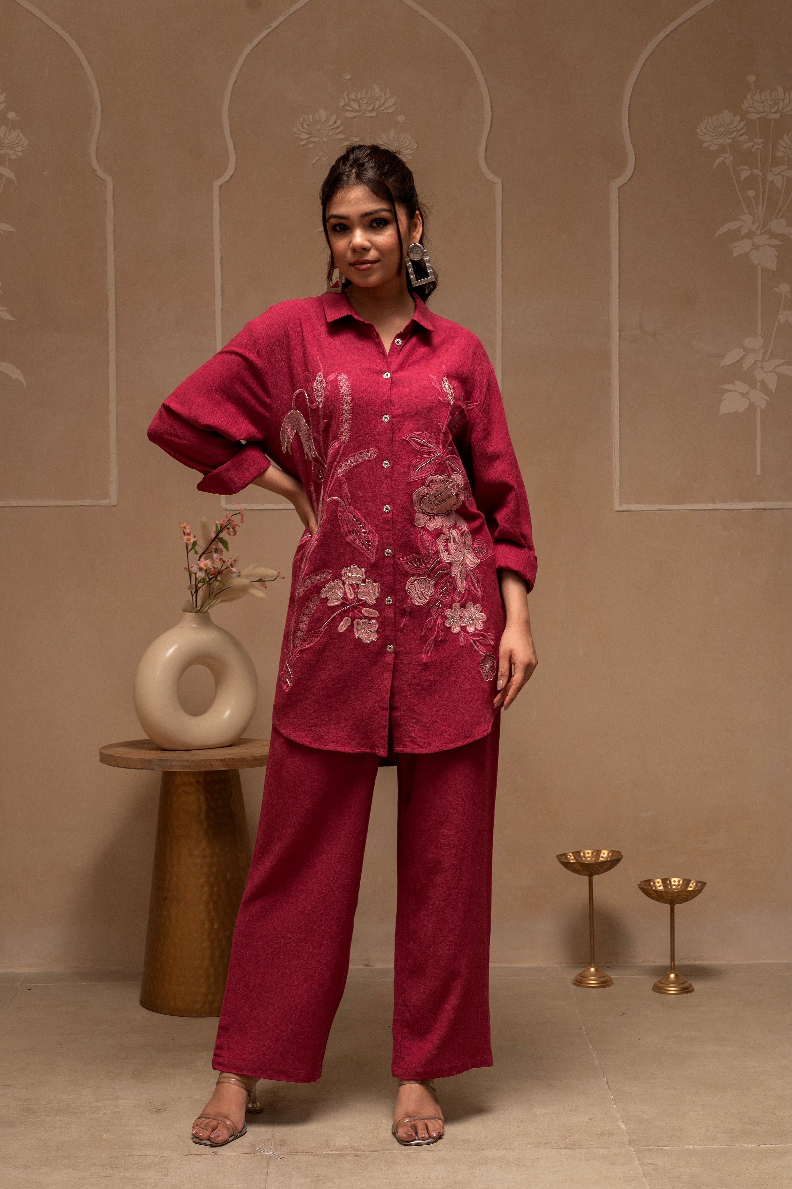 Rose Pink Embroidered Viscose Co-ord Set with Thread Work Detailing