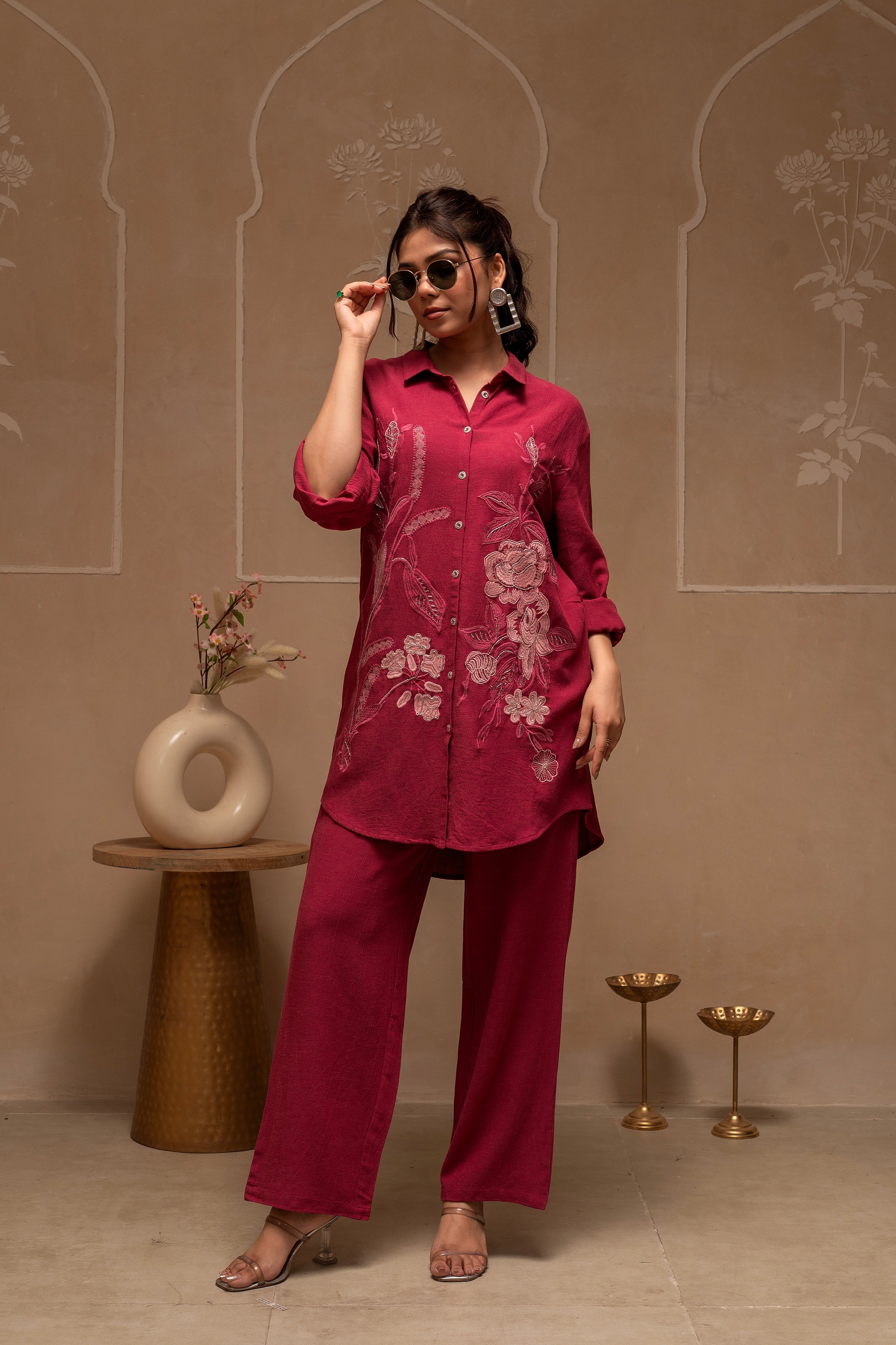 Rose Pink Embroidered Viscose Co-ord Set with Thread Work Detailing