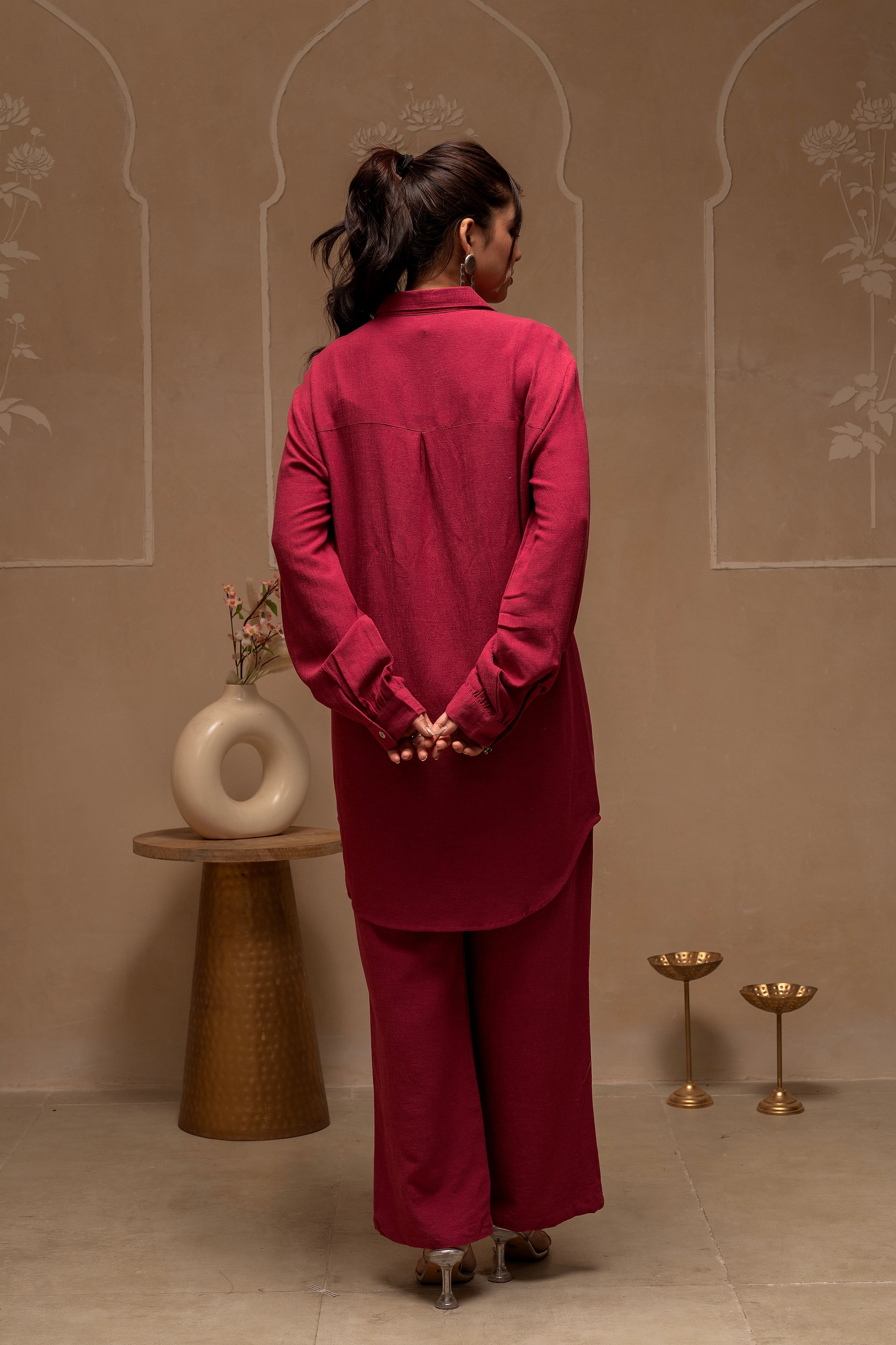 Rose Pink Embroidered Viscose Co-ord Set with Thread Work Detailing