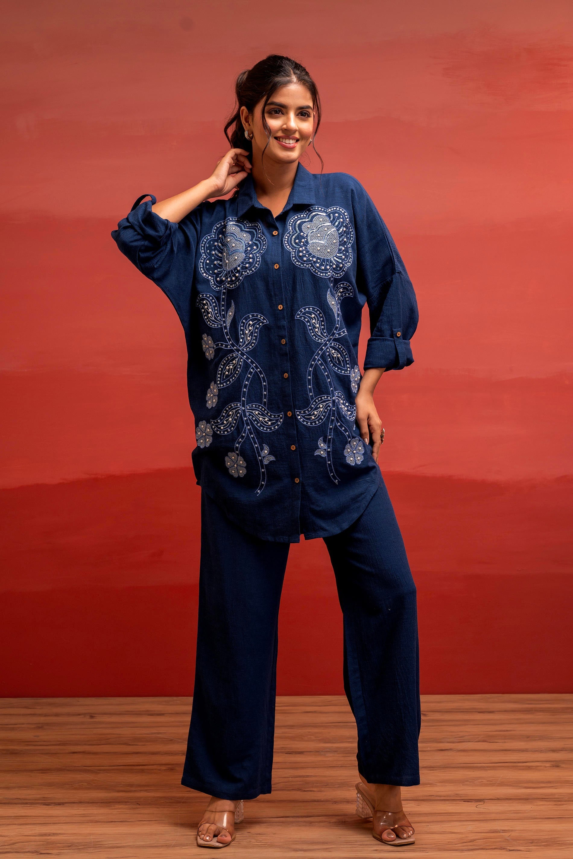 Viscose Linen Indigo Embroidered Shirt and Pant Co-Ord Set with Thread Work