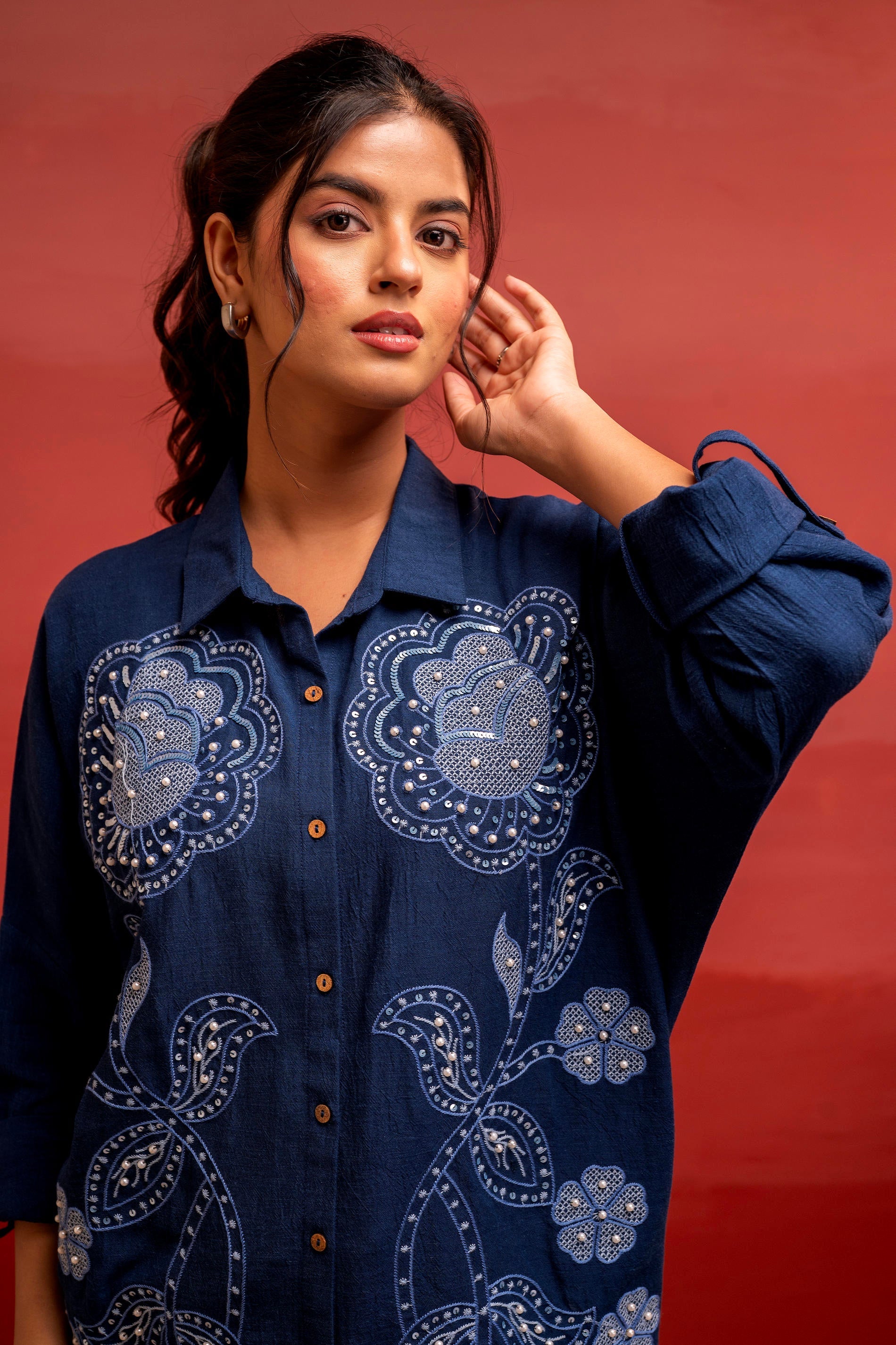 Viscose Linen Indigo Embroidered Shirt and Pant Co-Ord Set with Thread Work