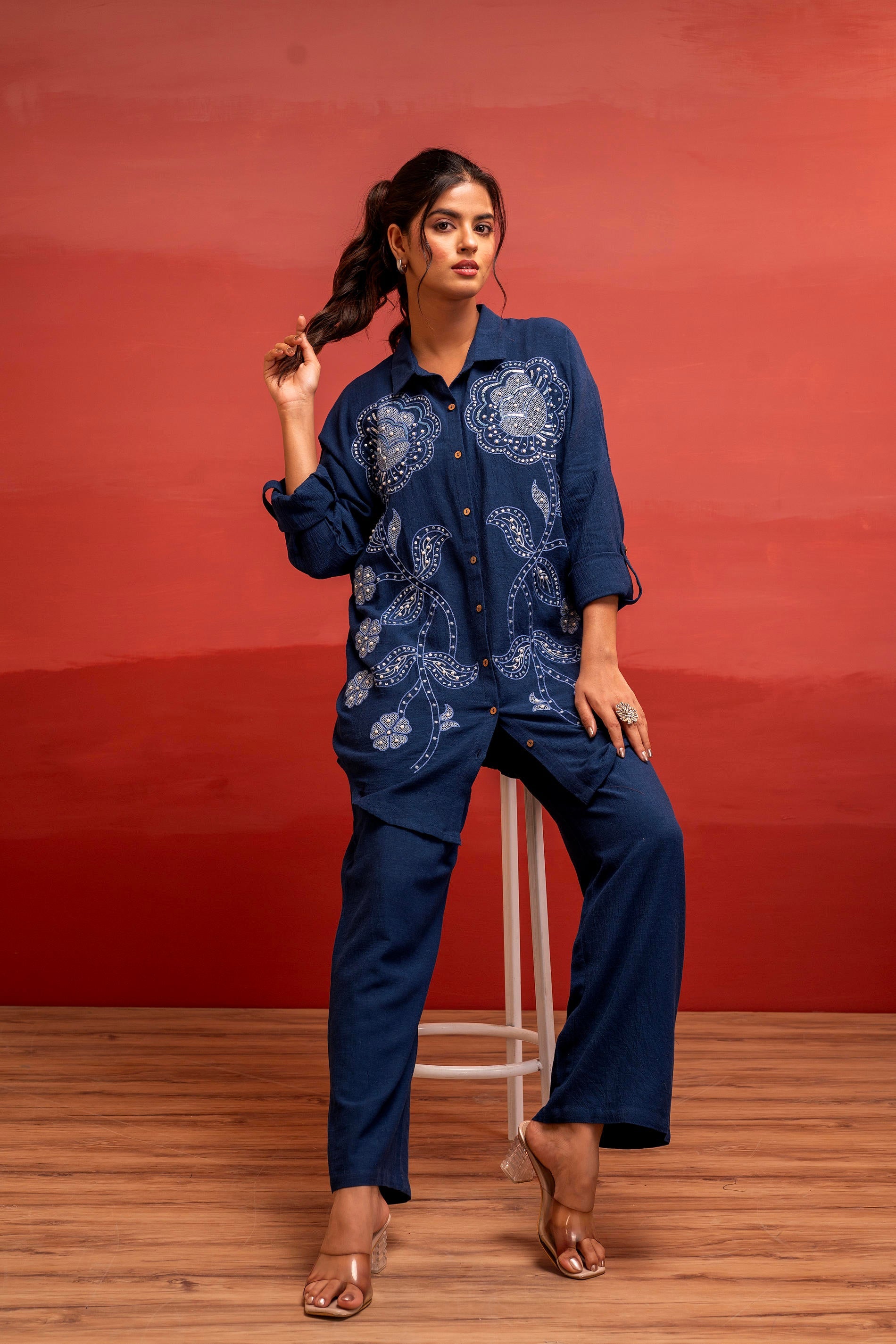 Viscose Linen Indigo Embroidered Shirt and Pant Co-Ord Set with Thread Work