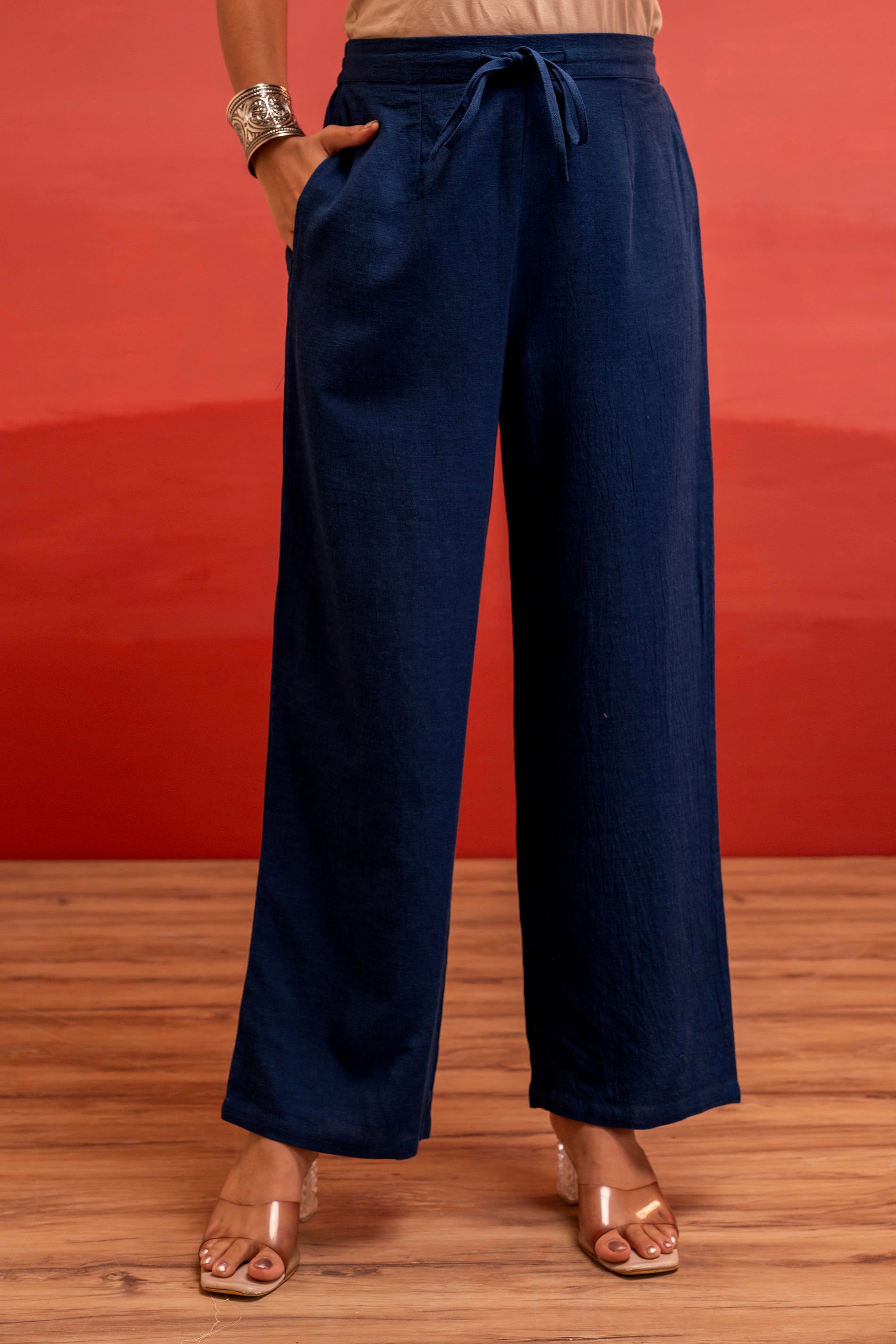 Viscose Linen Indigo Embroidered Shirt and Pant Co-Ord Set with Thread Work