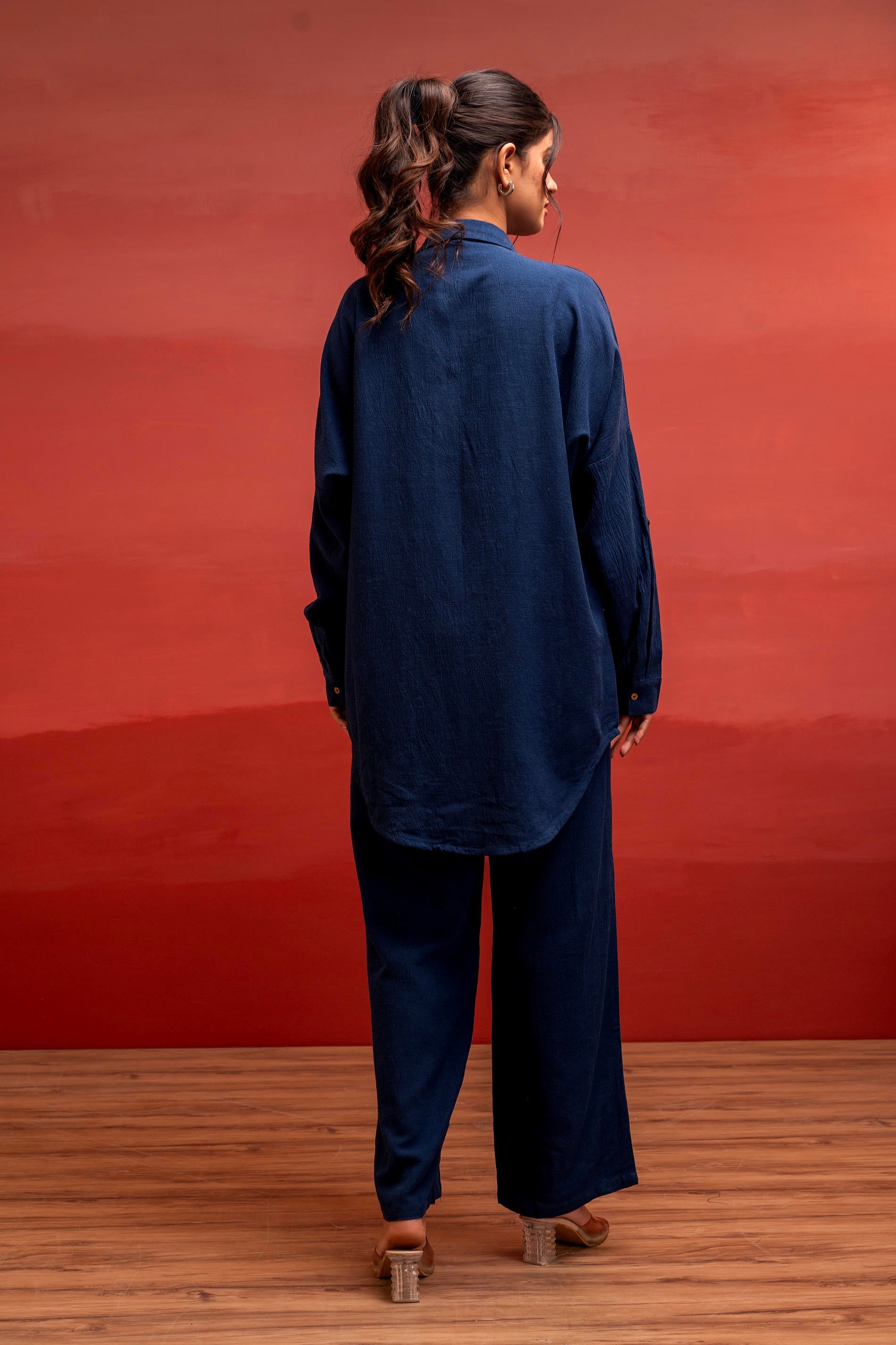 Viscose Linen Indigo Embroidered Shirt and Pant Co-Ord Set with Thread Work