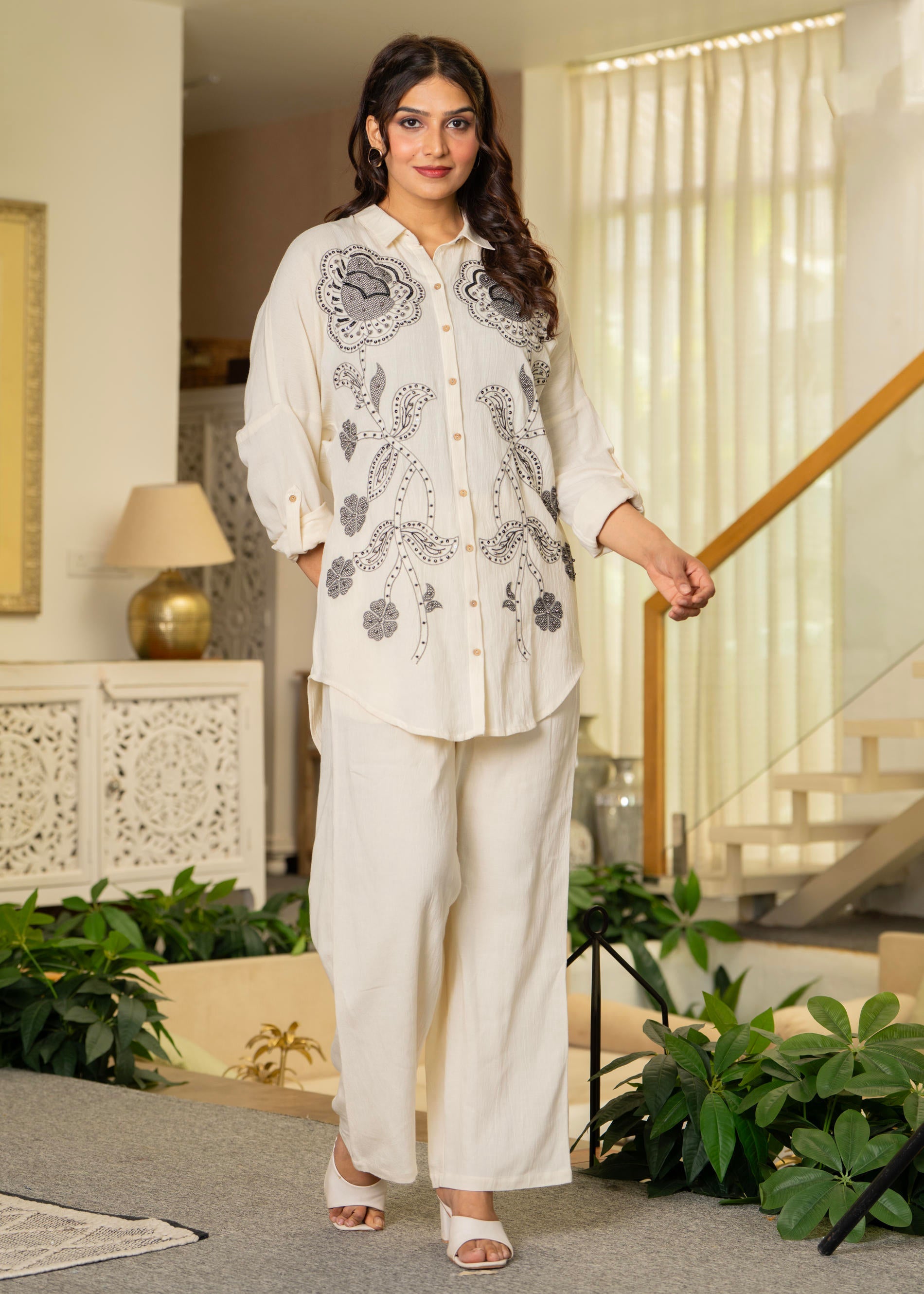 Off-White Embroidered Viscose-Linen Co-ord Set with Bead & Thread Work