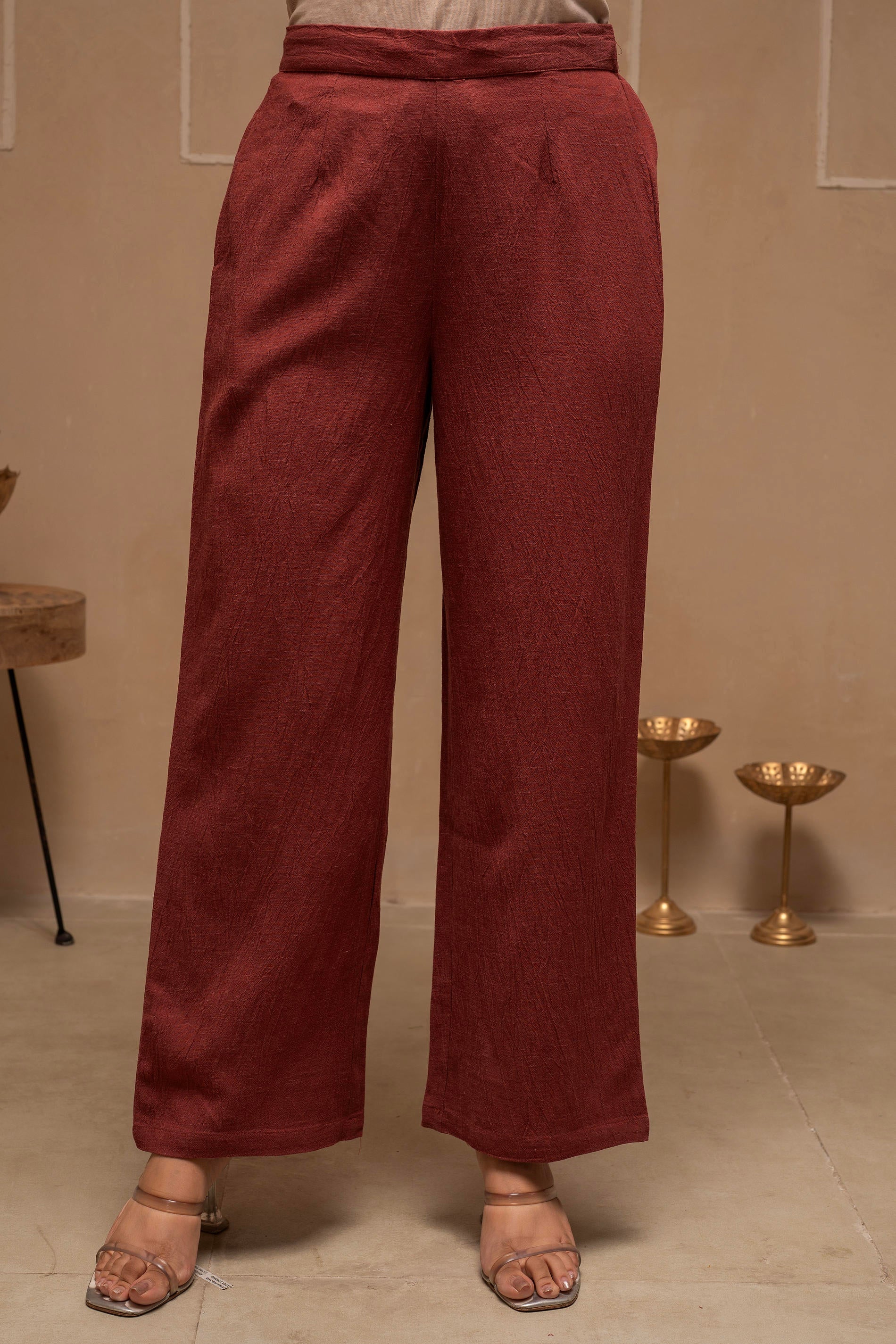 Brown Embellished Viscose-Linen Co-ord Set with Sequin Detailing