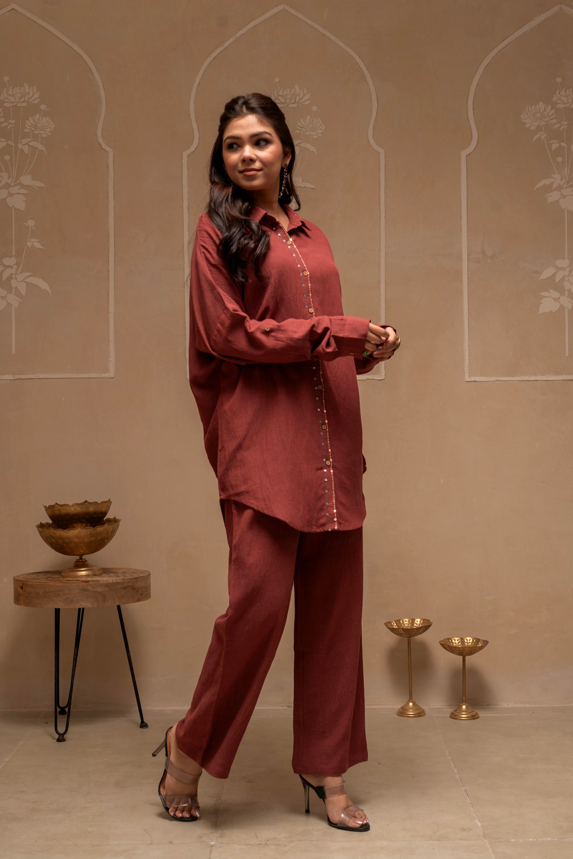 Brown Embellished Viscose-Linen Co-ord Set with Sequin Detailing