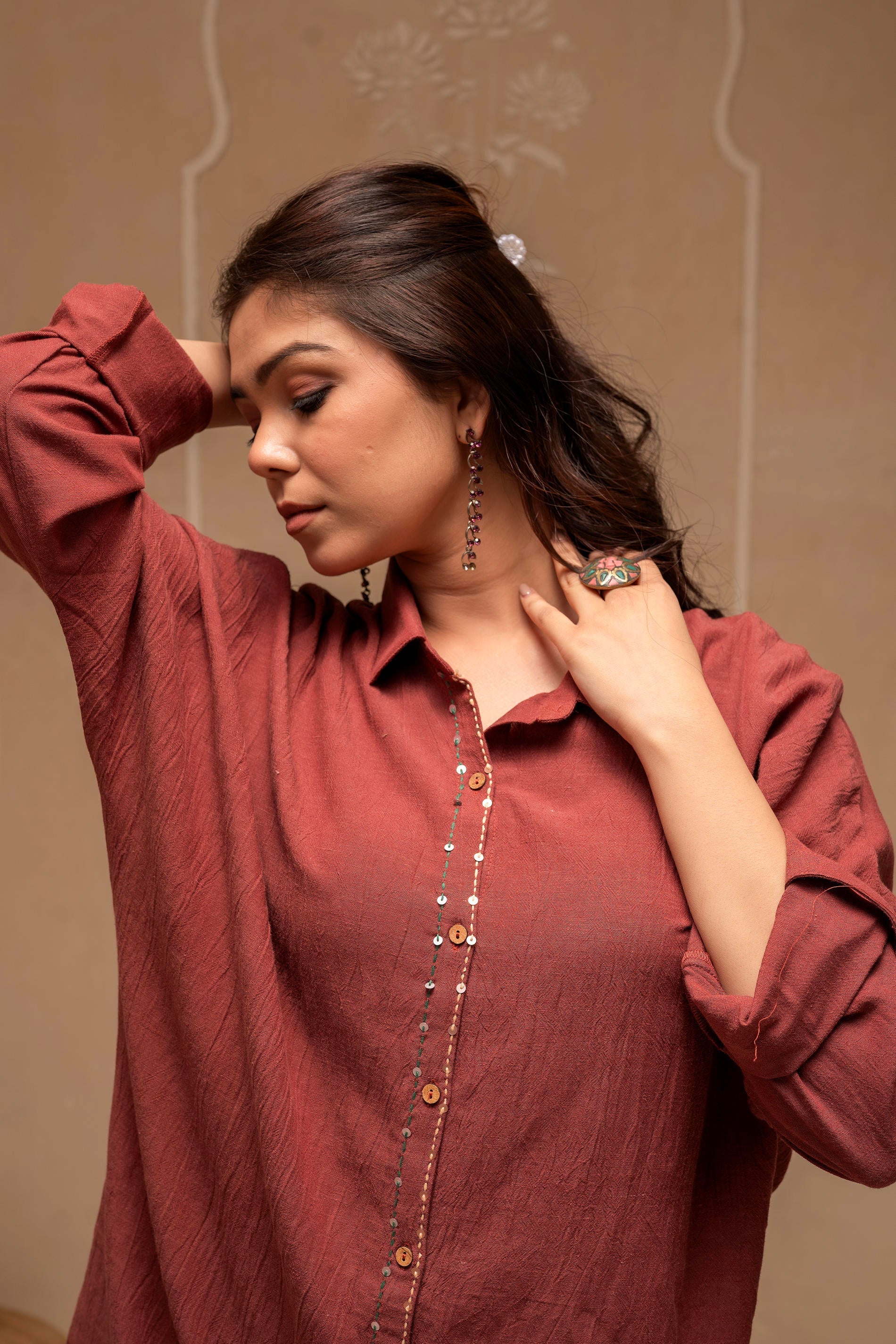 Brown Embellished Viscose-Linen Co-ord Set with Sequin Detailing