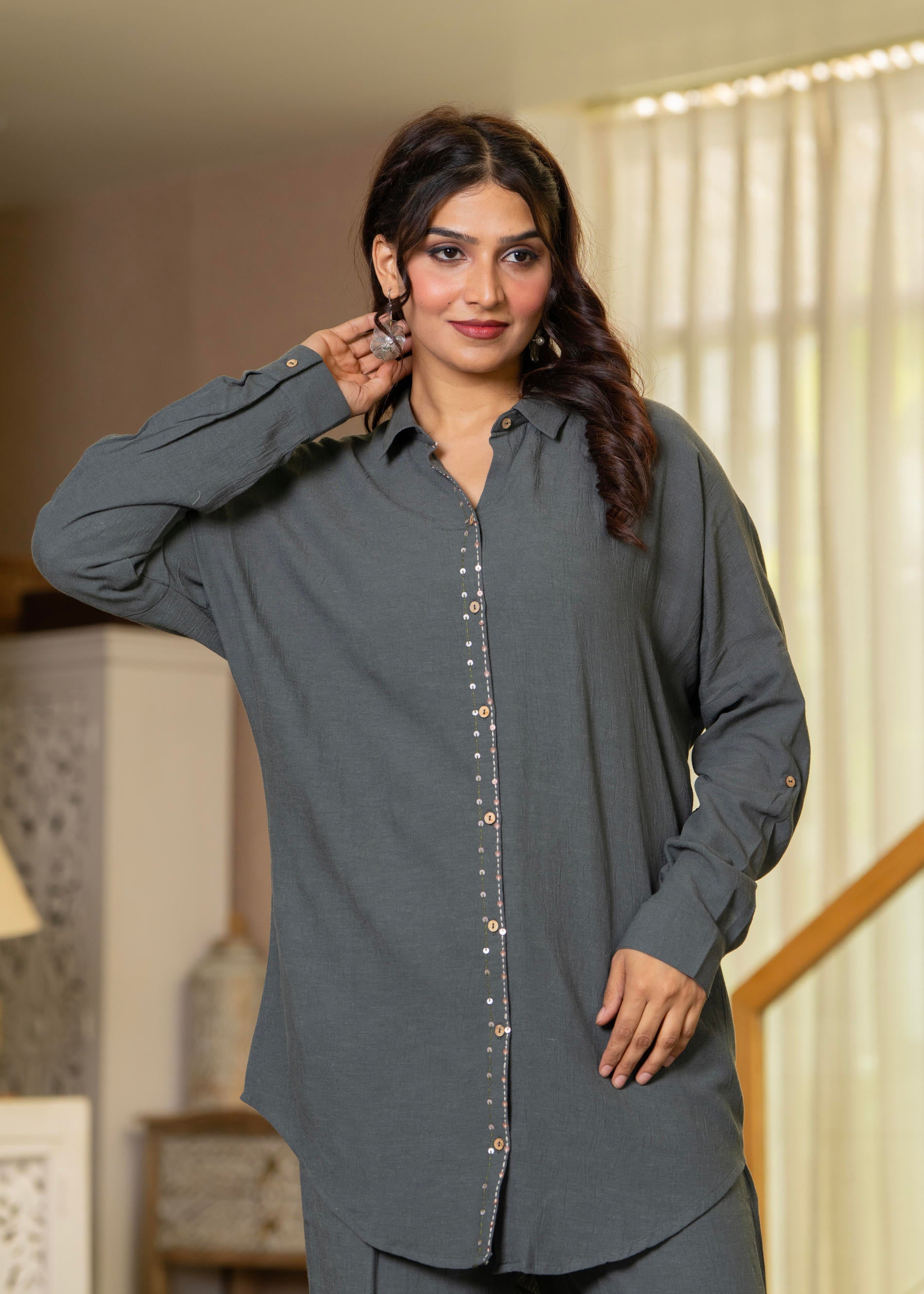 Grey Embellished Viscose-Linen Co-ord Set with Sequin Detailing